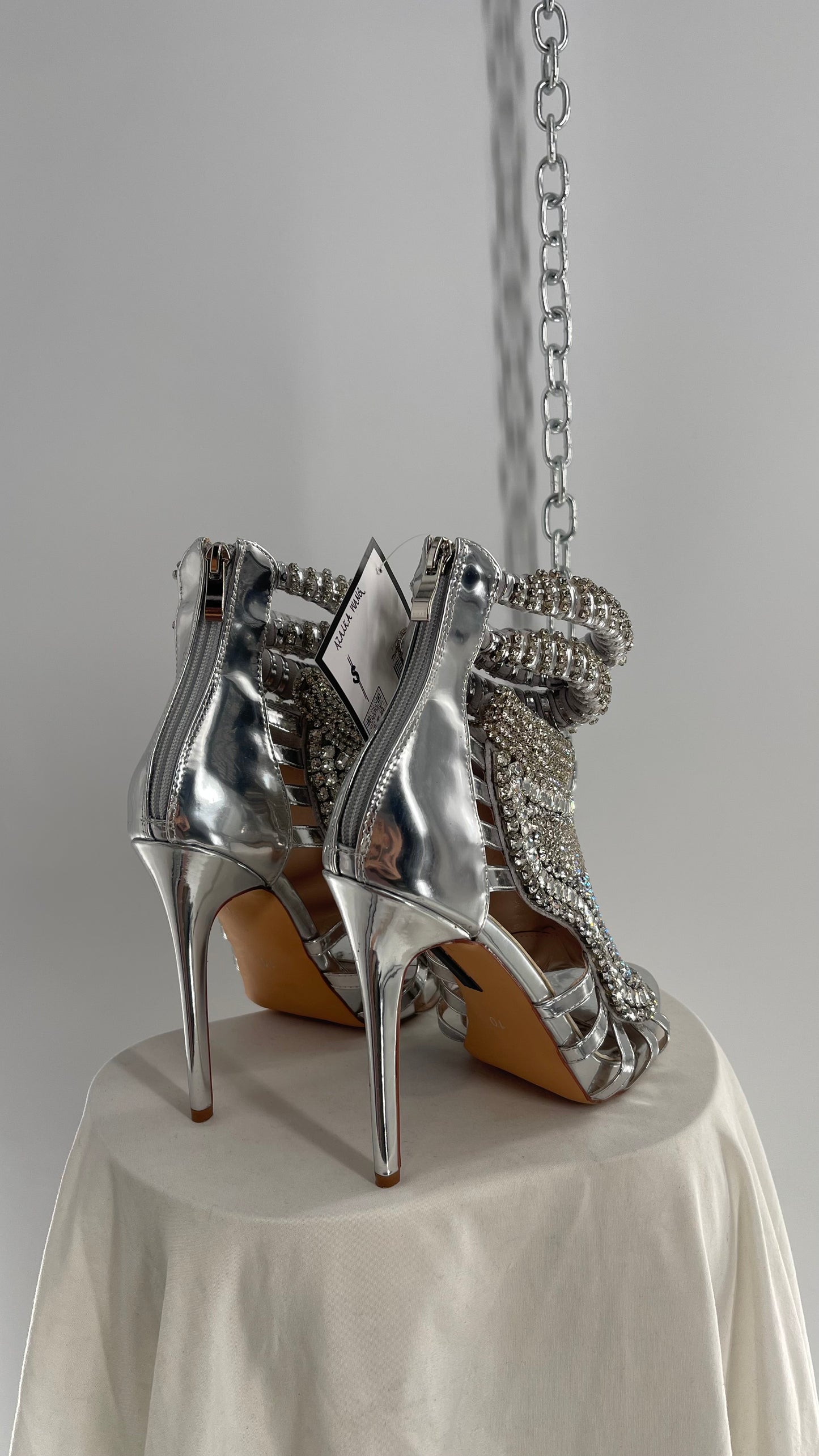 AZALEA WANG Platinum Silver Pusher Crystal Rhinestone Embellished Heel with Ankle Straps (10)