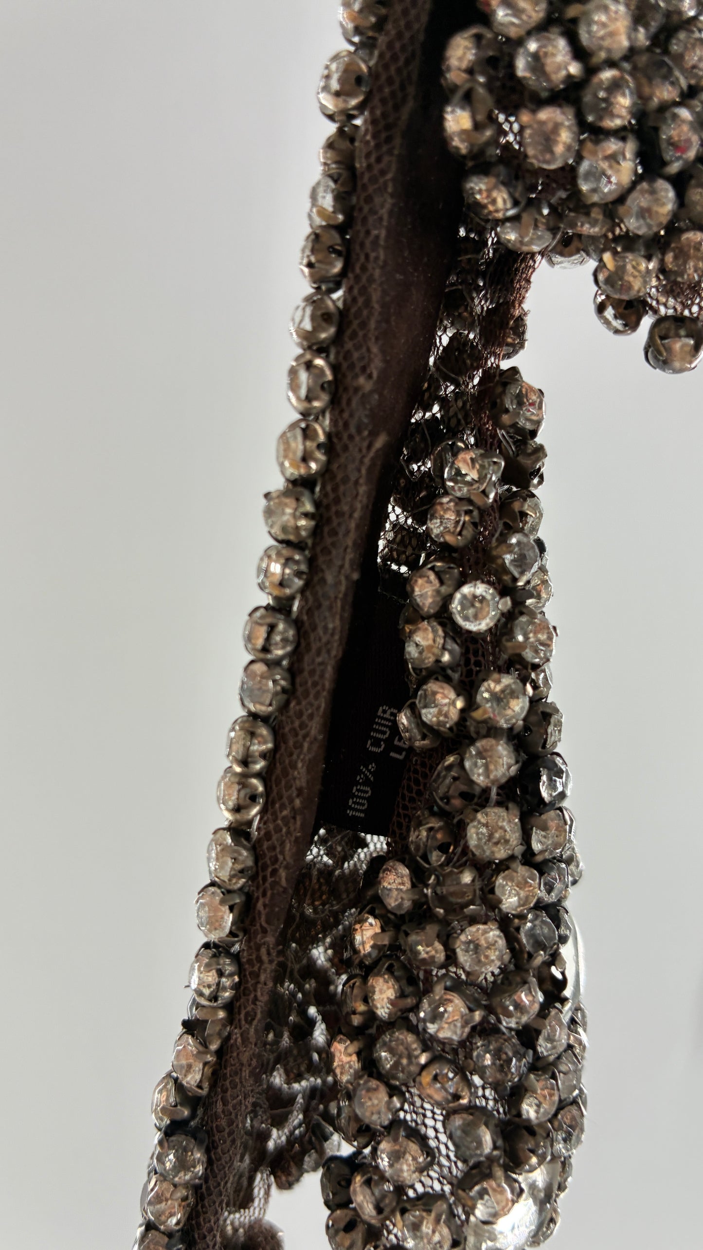 Vintage Brown Suede Leather Scalloped Belt Covered in Rhinestones and Heavy Ornate Beading