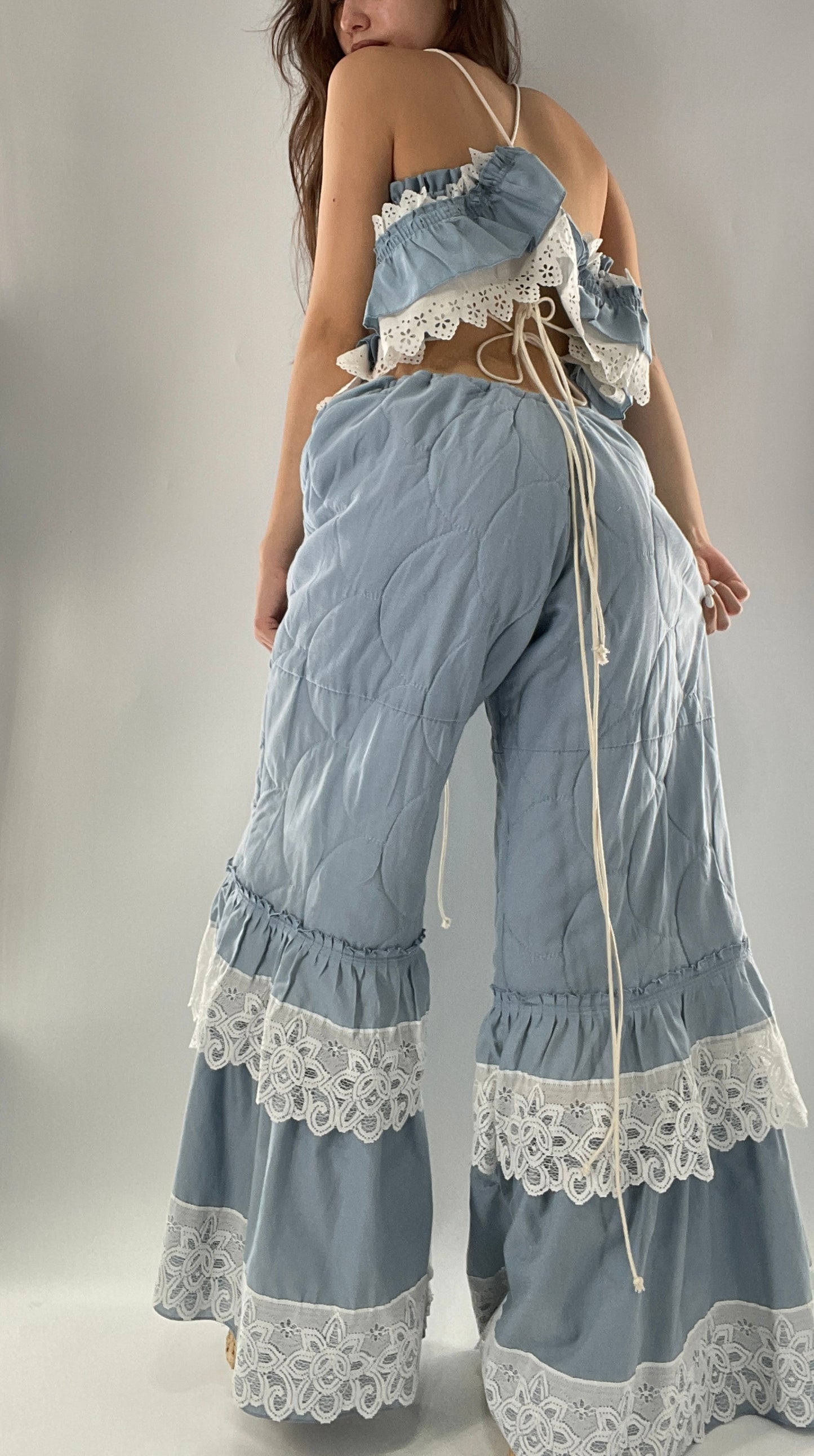 Vintage 2 Piece Powder Blue Set Featuring 2Way Blouse and Quilted Trousers Covered in Ruffles, Lace and Trim (One Size)