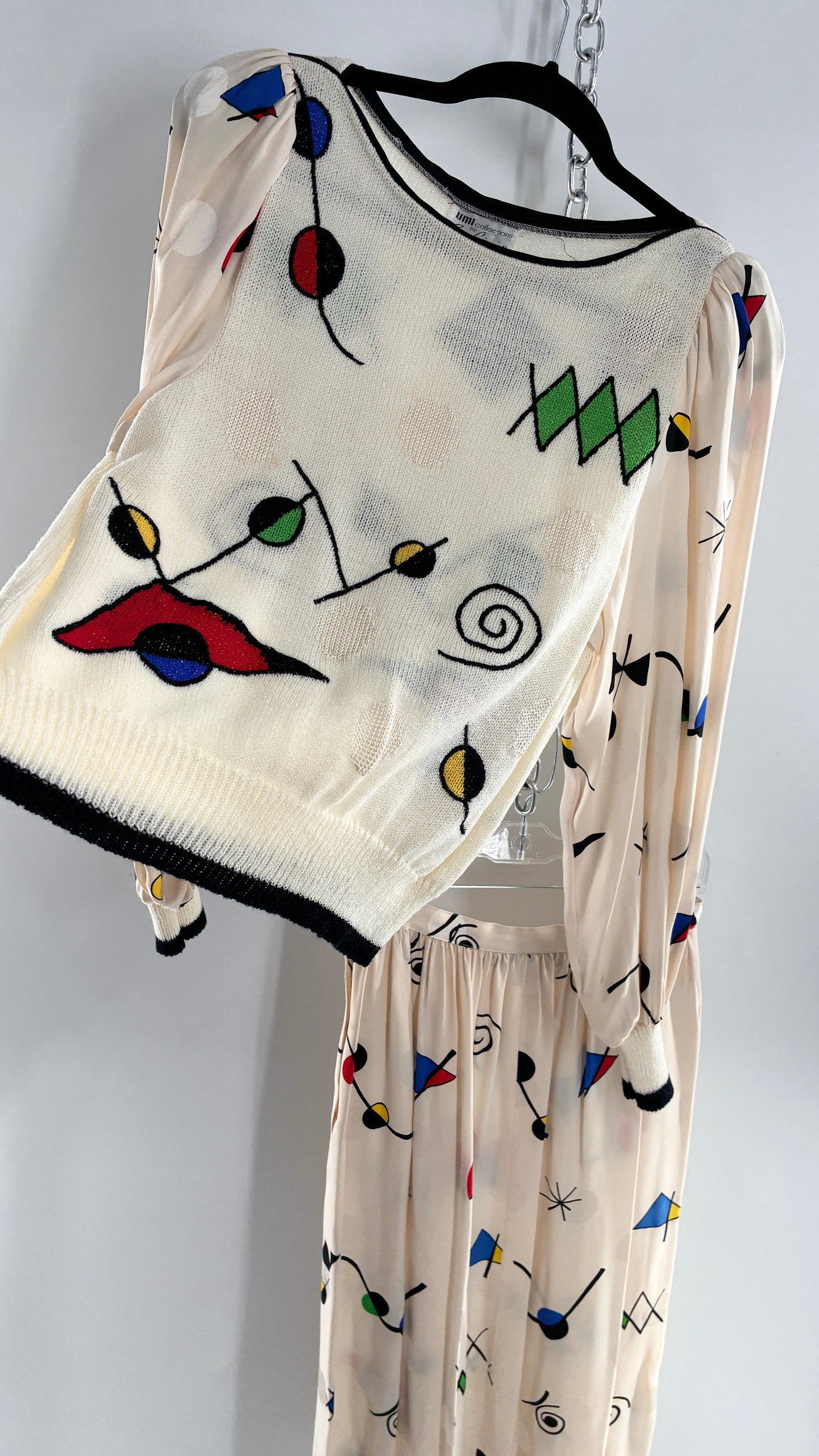 Vintage 1980s UMI collections by Anne Crimmins Off White 2 Piece Set with Abstract Embroidered Designs and 100% Silk Polka Dot Print Skirt (Medium Sweater, 8 Skirt)