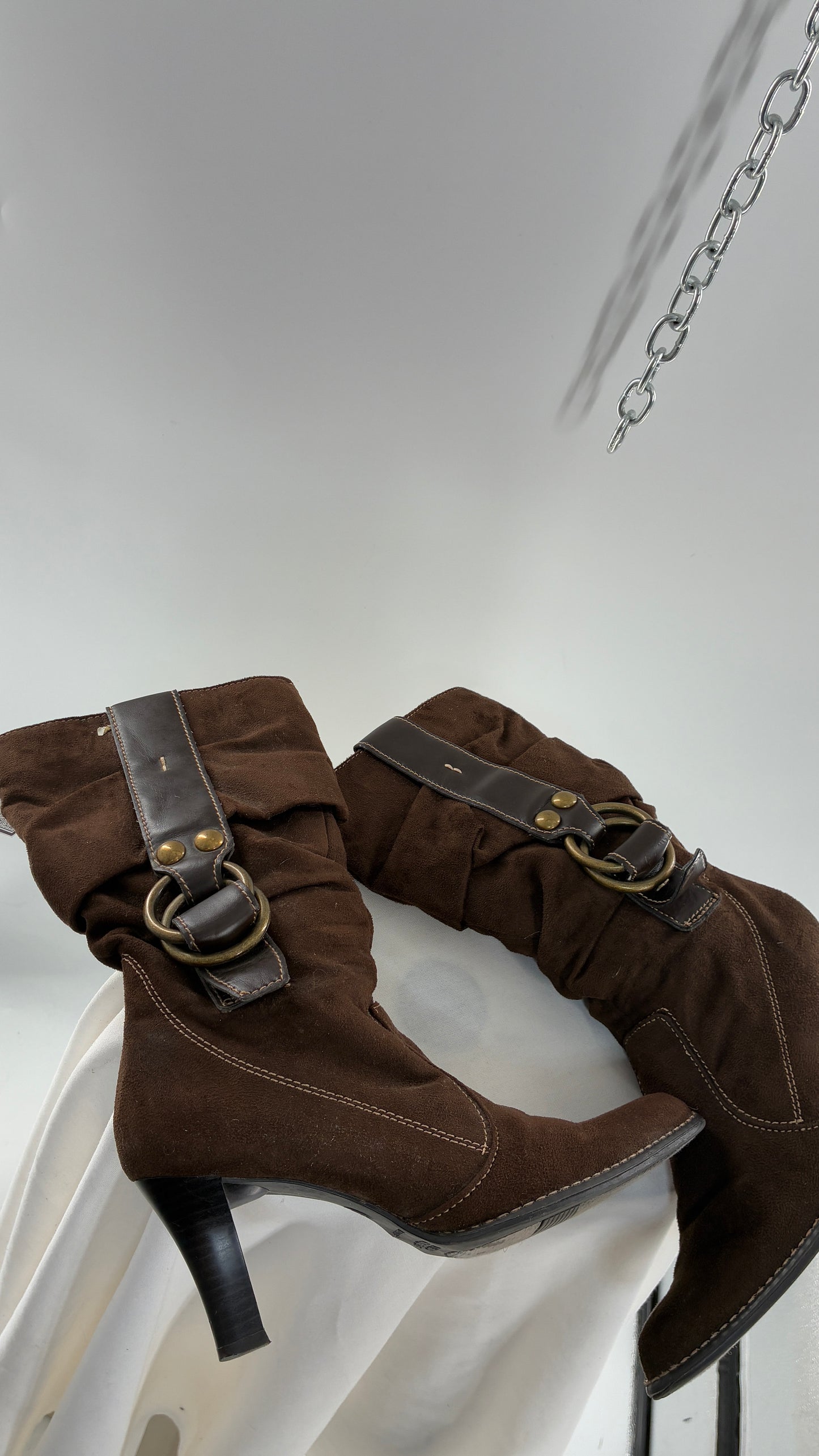 Vintage PREDICTIONS Vegan Suede Brown Stacked Boots with Buckle Detail (6.5)