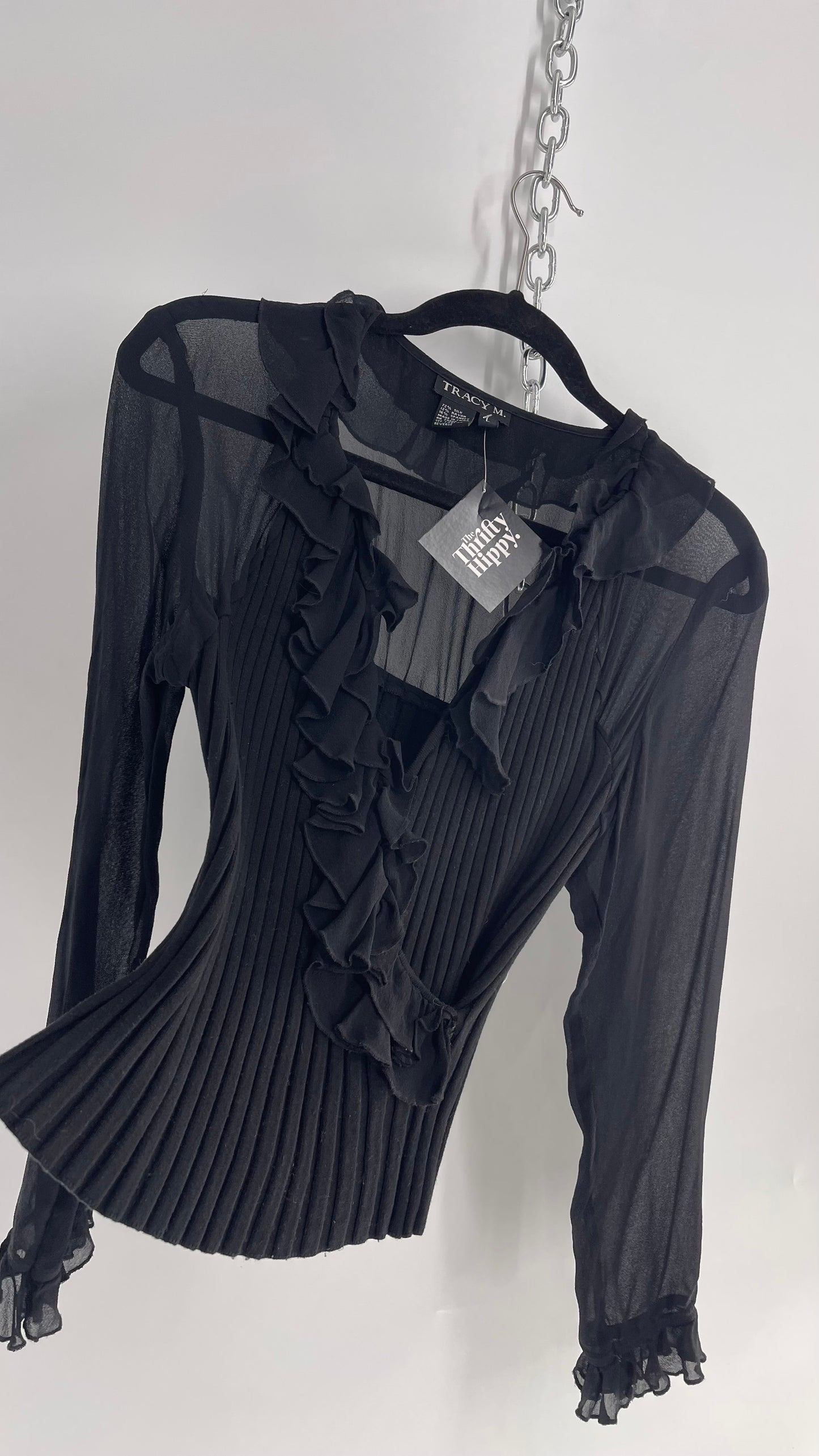 Vintage Tracy M Black Ribbed Blouse with Ruffles and Sheer Sleeves (L)