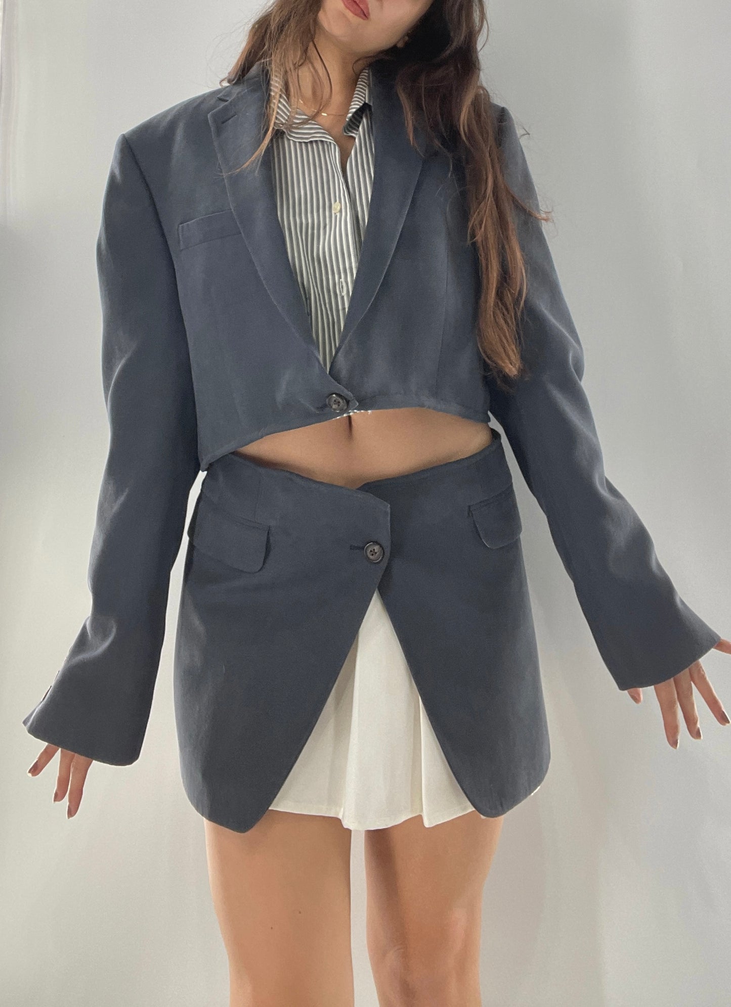 CUSTOM Handmade 2pc Suit Set Gray/Blue with Open Corset Back Skirt and Cropped Jacket (One Size)