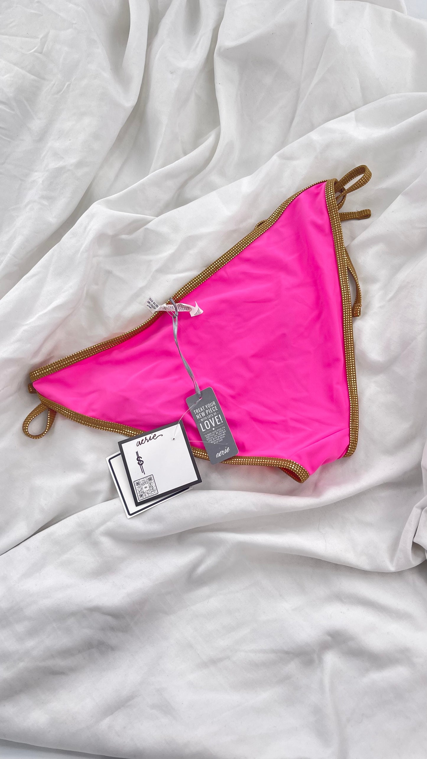 Deadstock Vintage Aerie Neon Pink and Orange Reversible Bikini Bottoms with Gold Metallic Trim (Large)