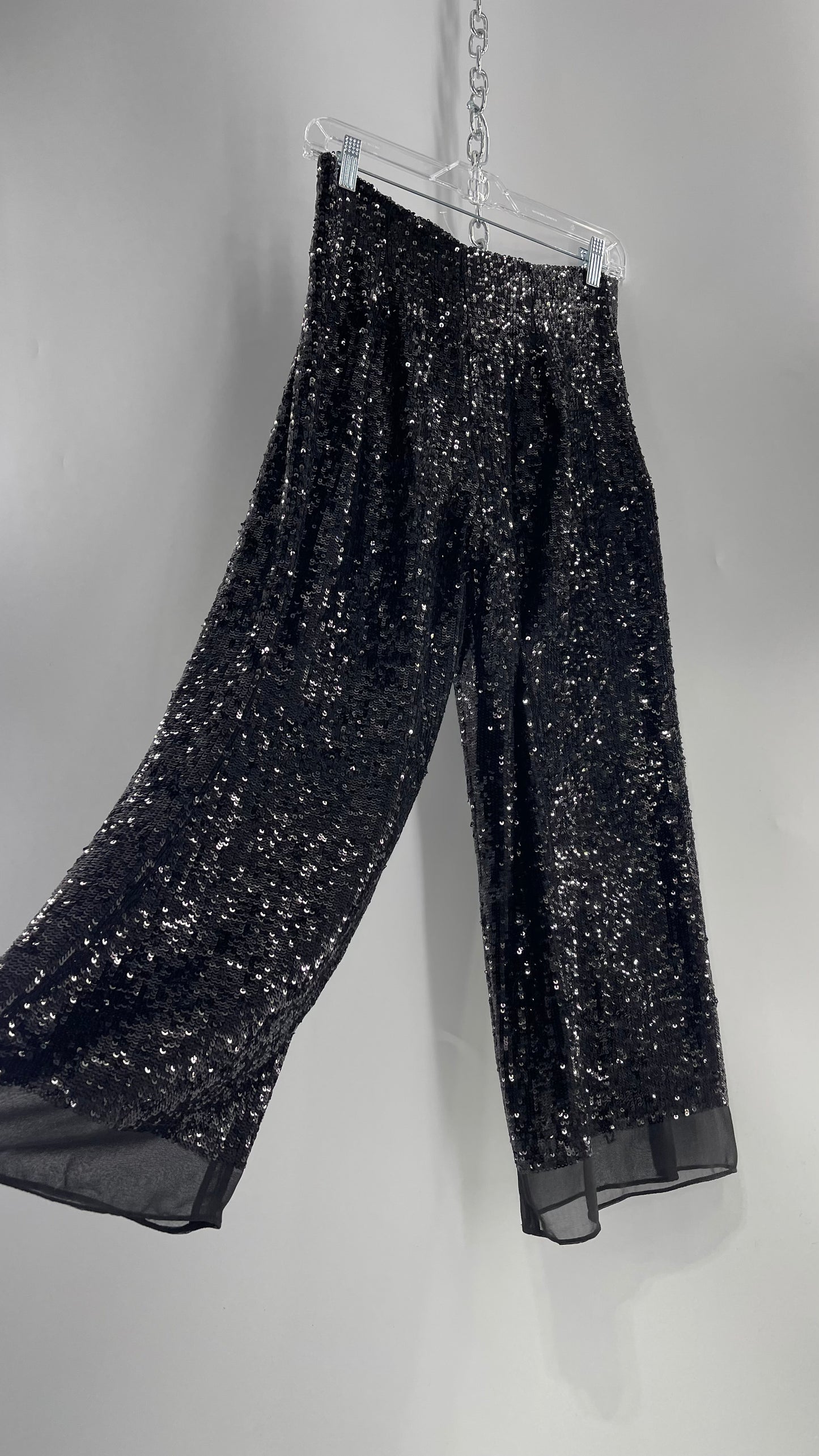 ZARA STUDIO Black Sequin Pijama Trouser with Chiffon Hem and Ribbon Lined Waist (Medium)