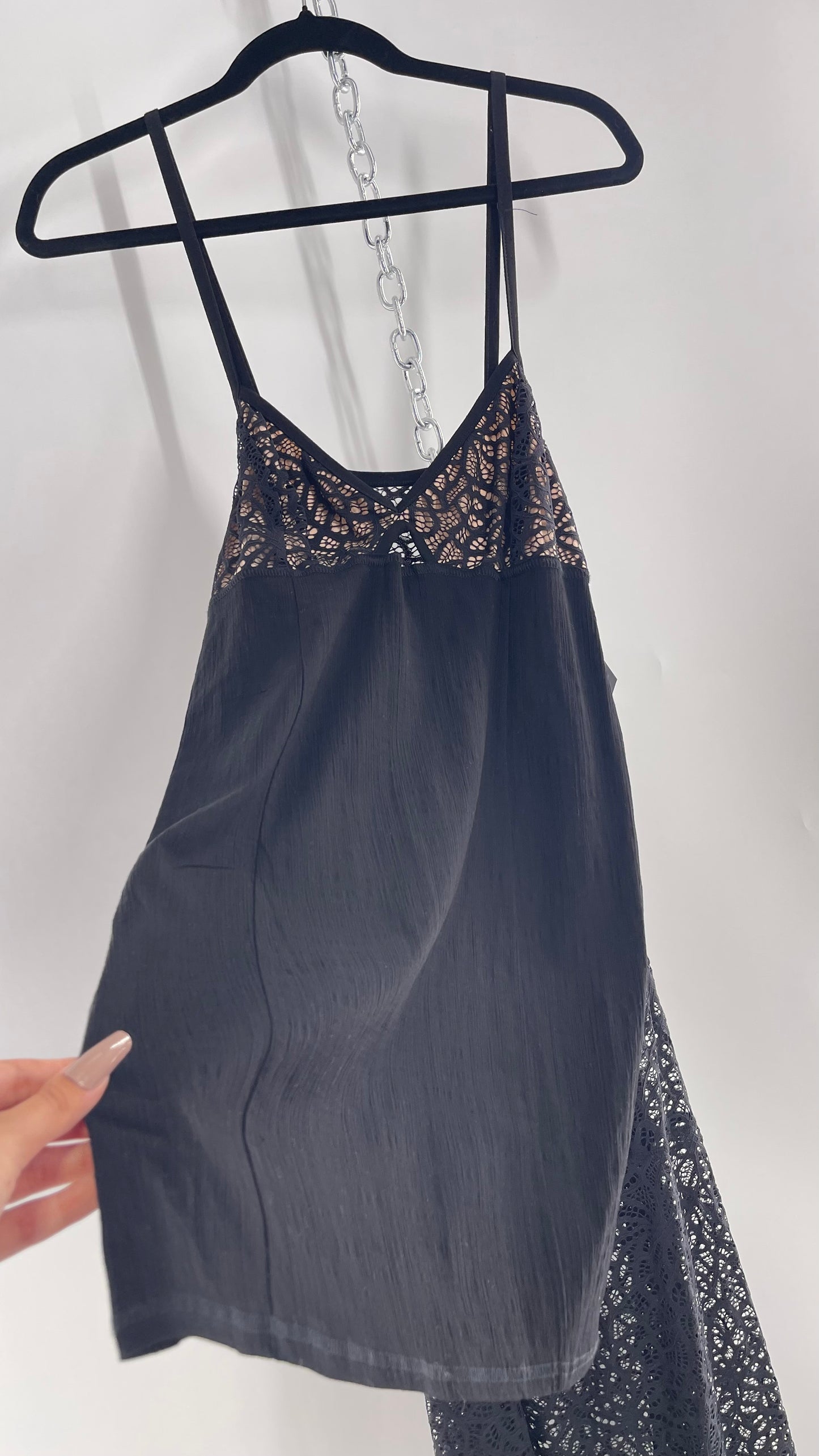 Intimately Free People Set Black Mini Dress with Nude Bust and Lace Sheer Maxi Skirt (Medium)