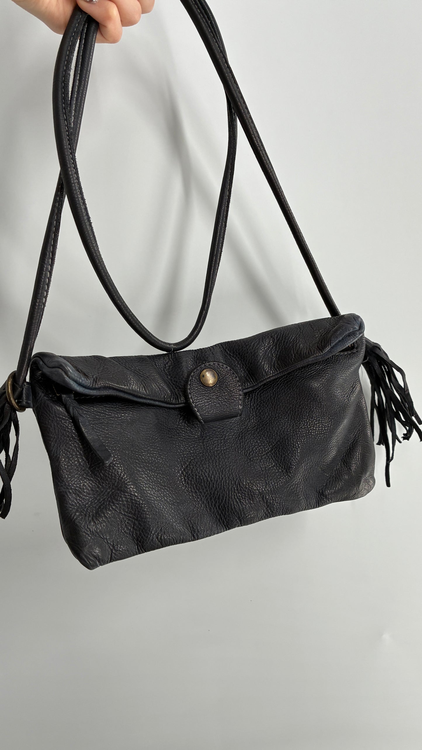 Free People Black Leather Cross Body Fringe Tassel Pouch Pocket Purse