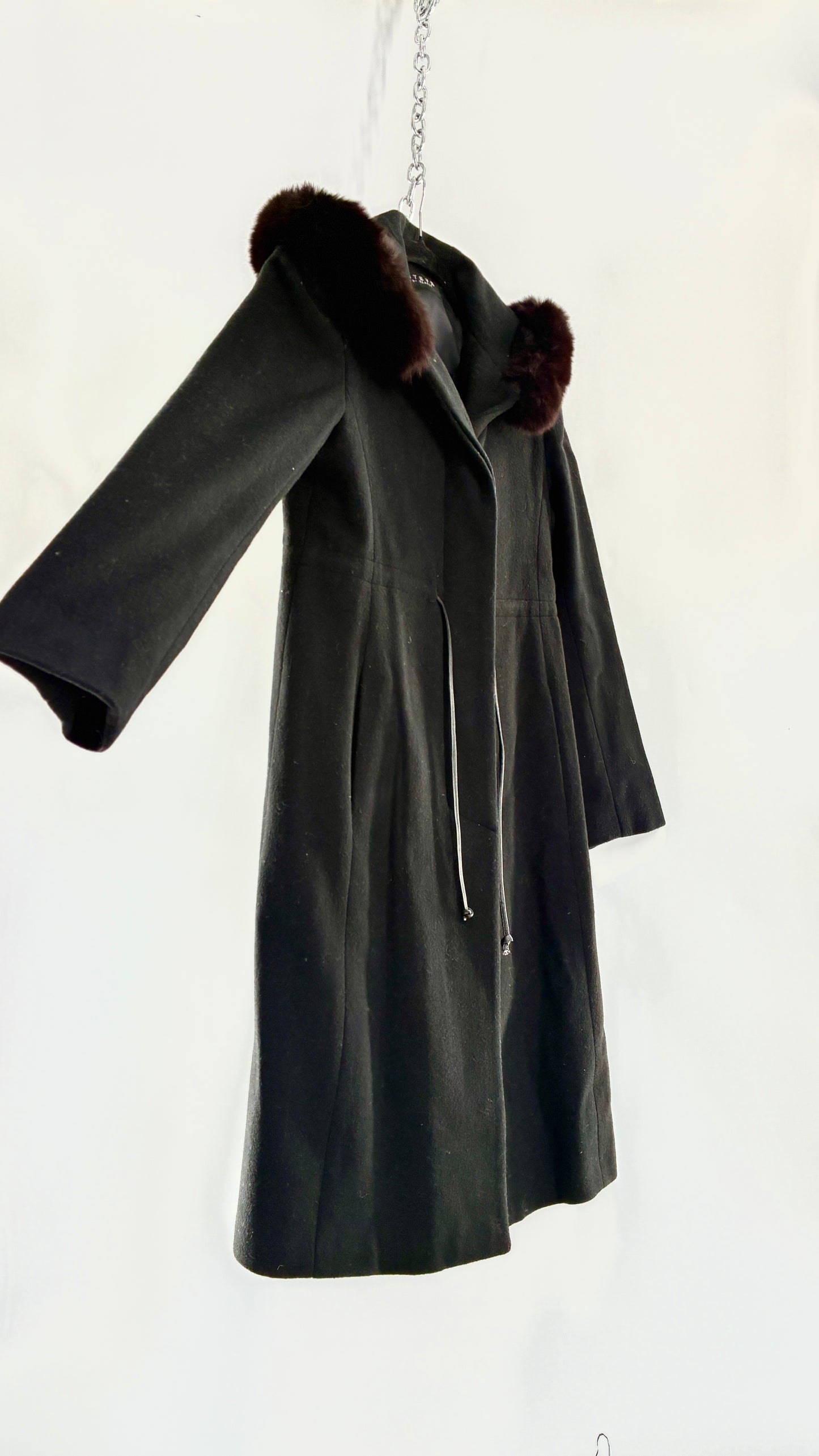 Vintage STEVE by SEARLE Cashmere Blend Coat with Underbust Tie and Fur Hood