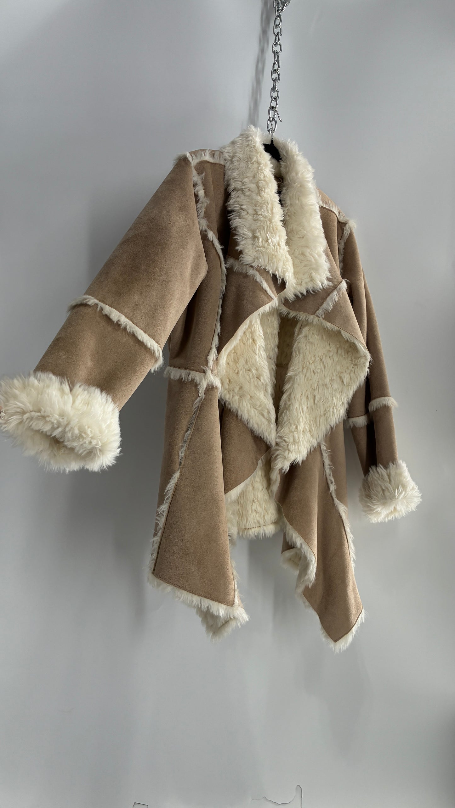 Fabulous Furs Vegan Suede Coat with Faux Fur Piping and Cuffs (Large)