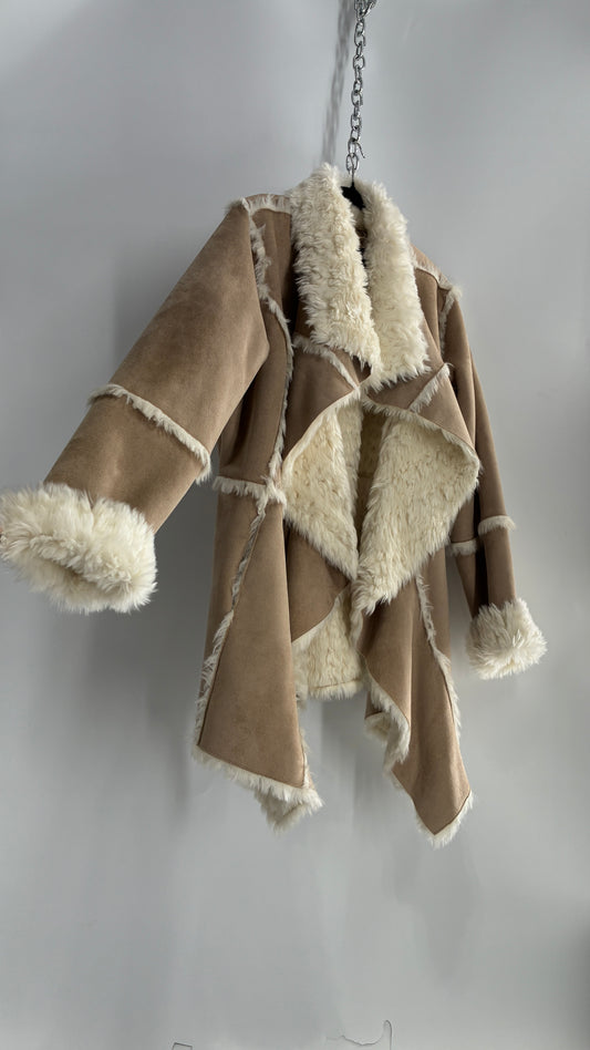 Fabulous Furs Vegan Suede Coat with Faux Fur Piping and Cuffs (Large)