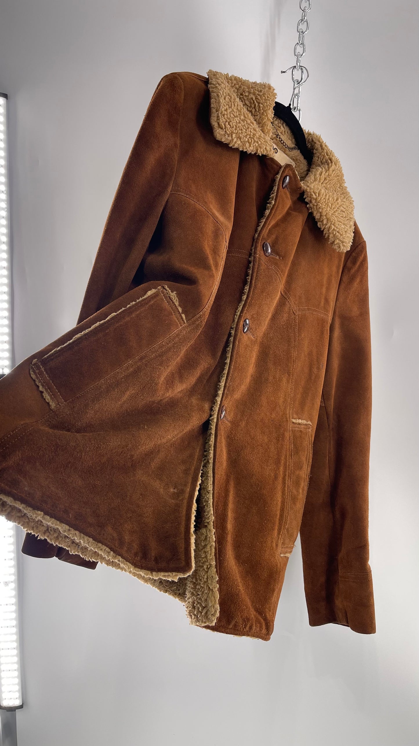 Vintage Heavy Duty Genuine Suede Leather Coat with Teddy Sherpa Lining (C) (Large/42)