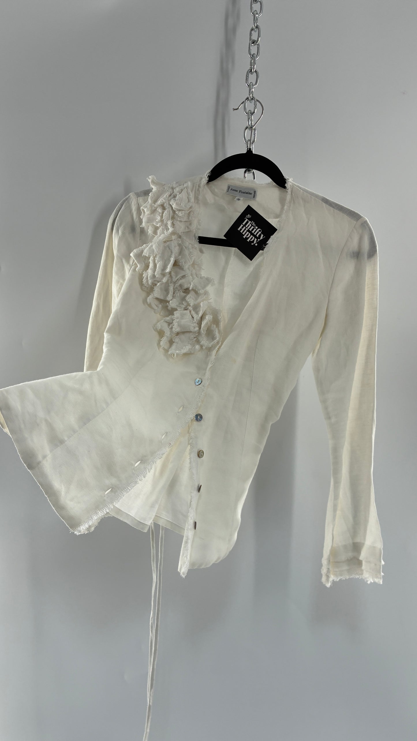Vintage ANNE FONTAINE Off White Linen Woven Button Up Blouse with Back Corseting, Pearlescent Shell Buttons, and Rosette Details (36)