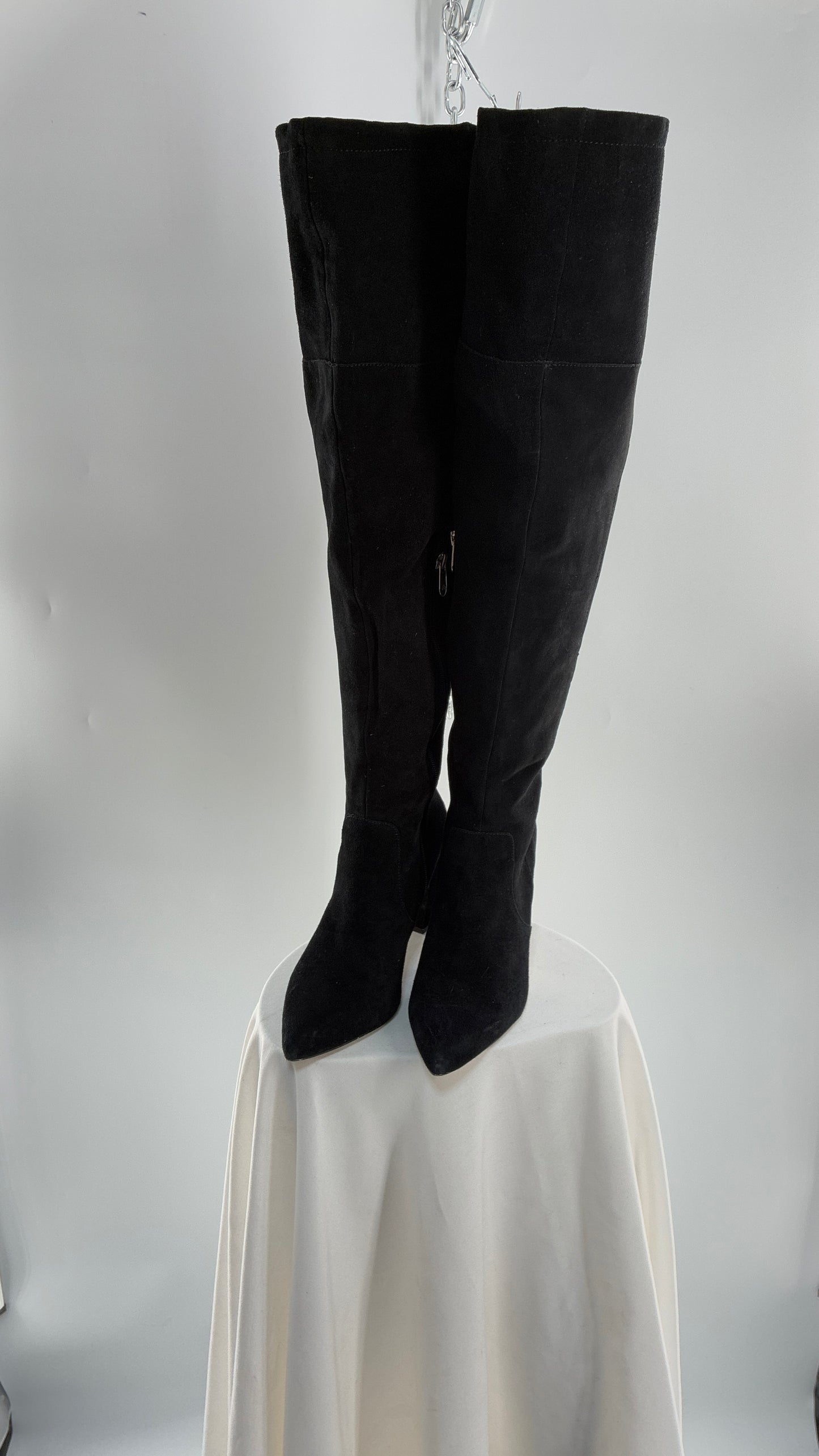 Vintage Black Genuine Suede ADRIENNE VITADINI Thigh High Pointed Toe Boots with Stud Detailing (10)