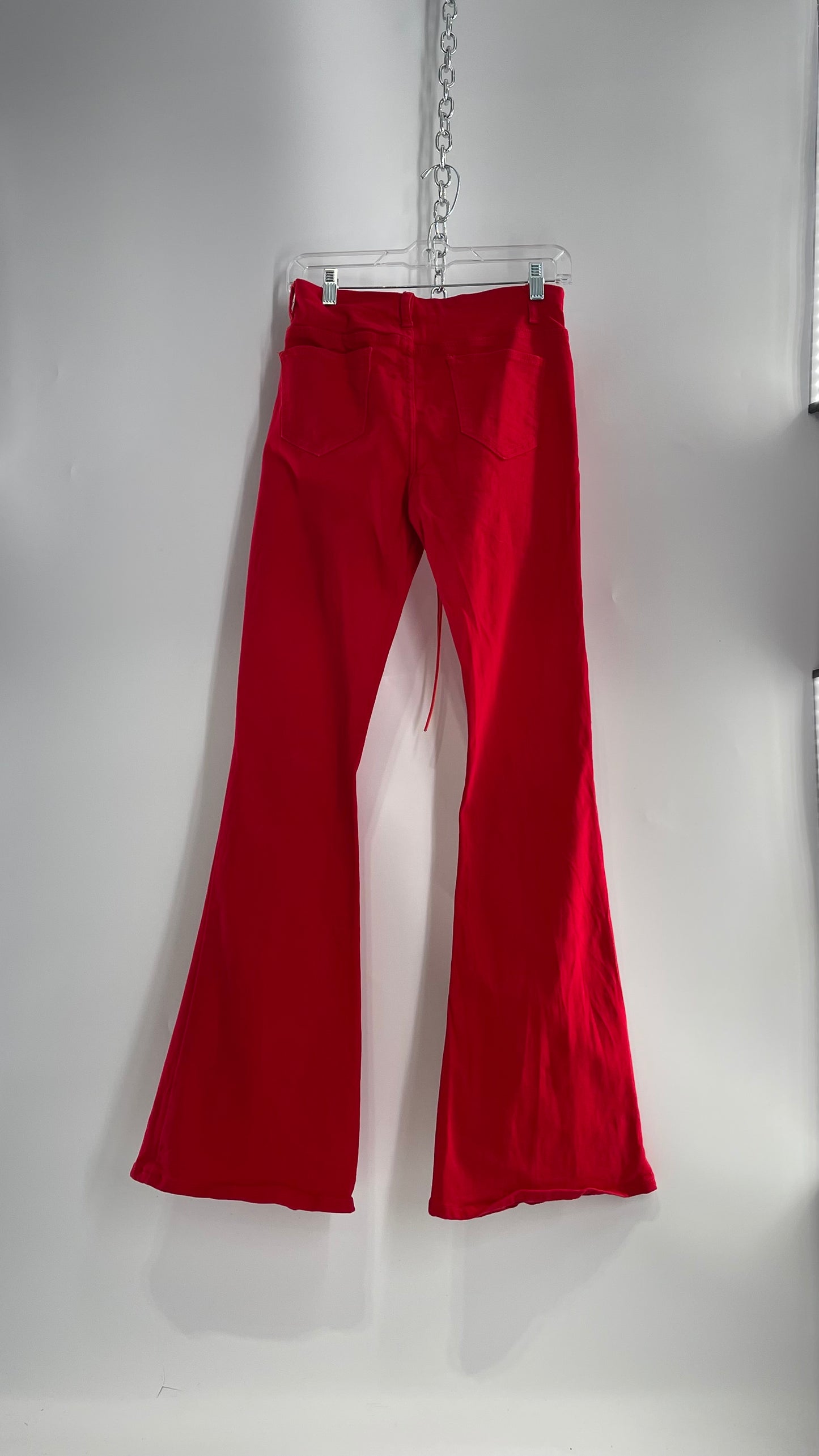 Edikted Rockstar Red Kick Flare Bell Bottoms with Lace Up Thigh and Waistline Detail (Large)