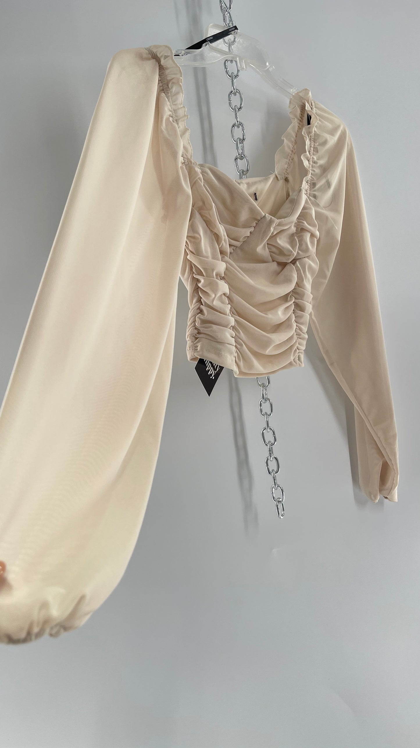 Beige Ruched Corseted Balloon Sleeve Blouse (Small)