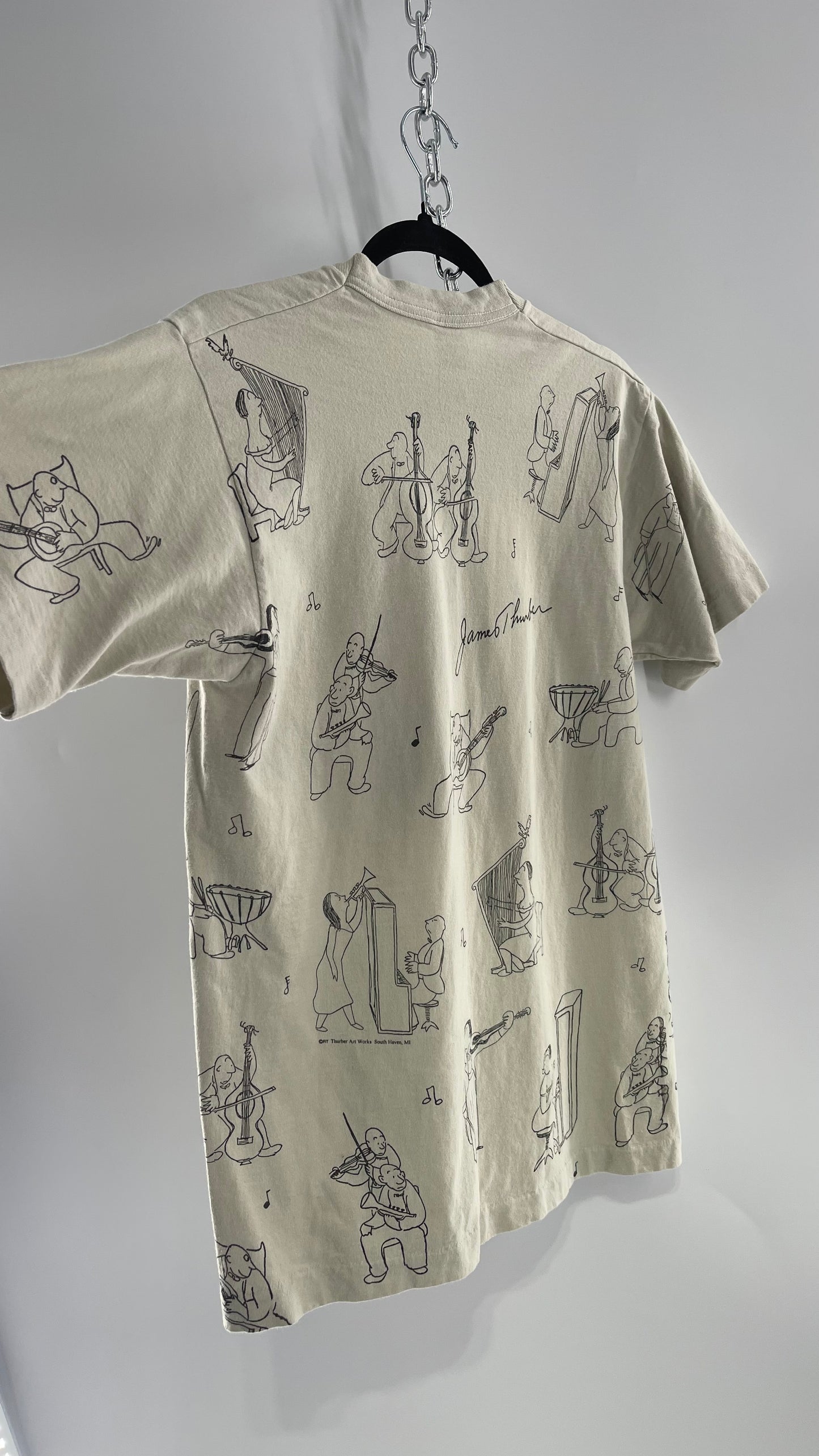 Vintage James Thurber Welcome to the Opera Beige Doodle Comic Sketch T Shirt (M)