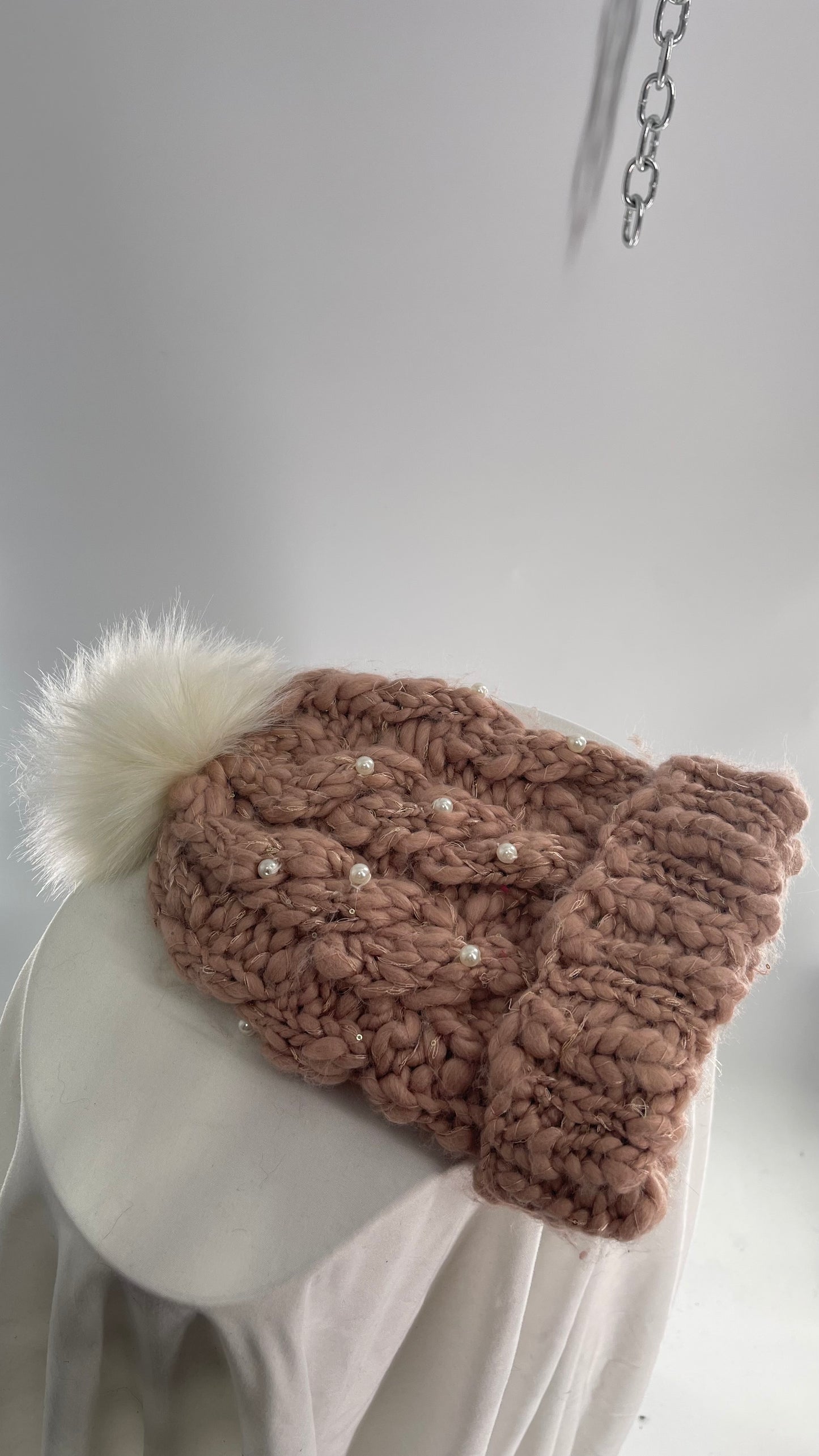 Betsy Johnson Pink Knit Pom Pom Pearl Beanie