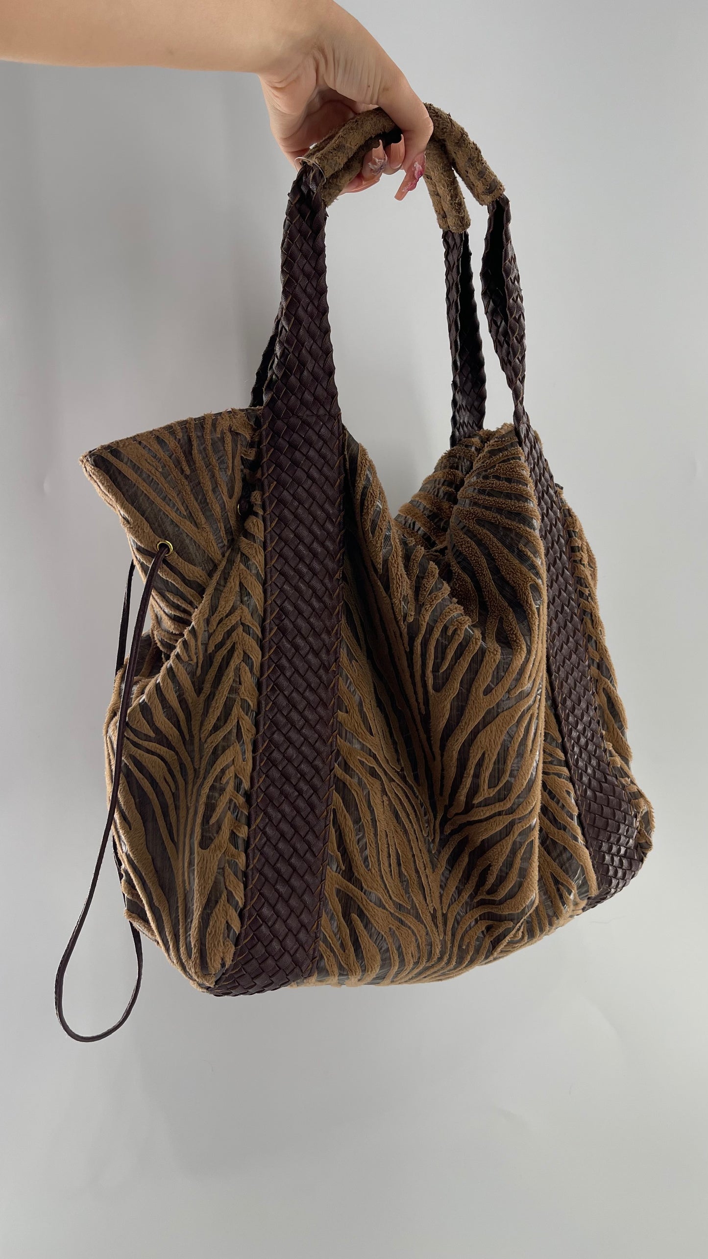 VINTAGE BRACIANO Zebra Textured Slouchy Bag with Braided Leather Straps