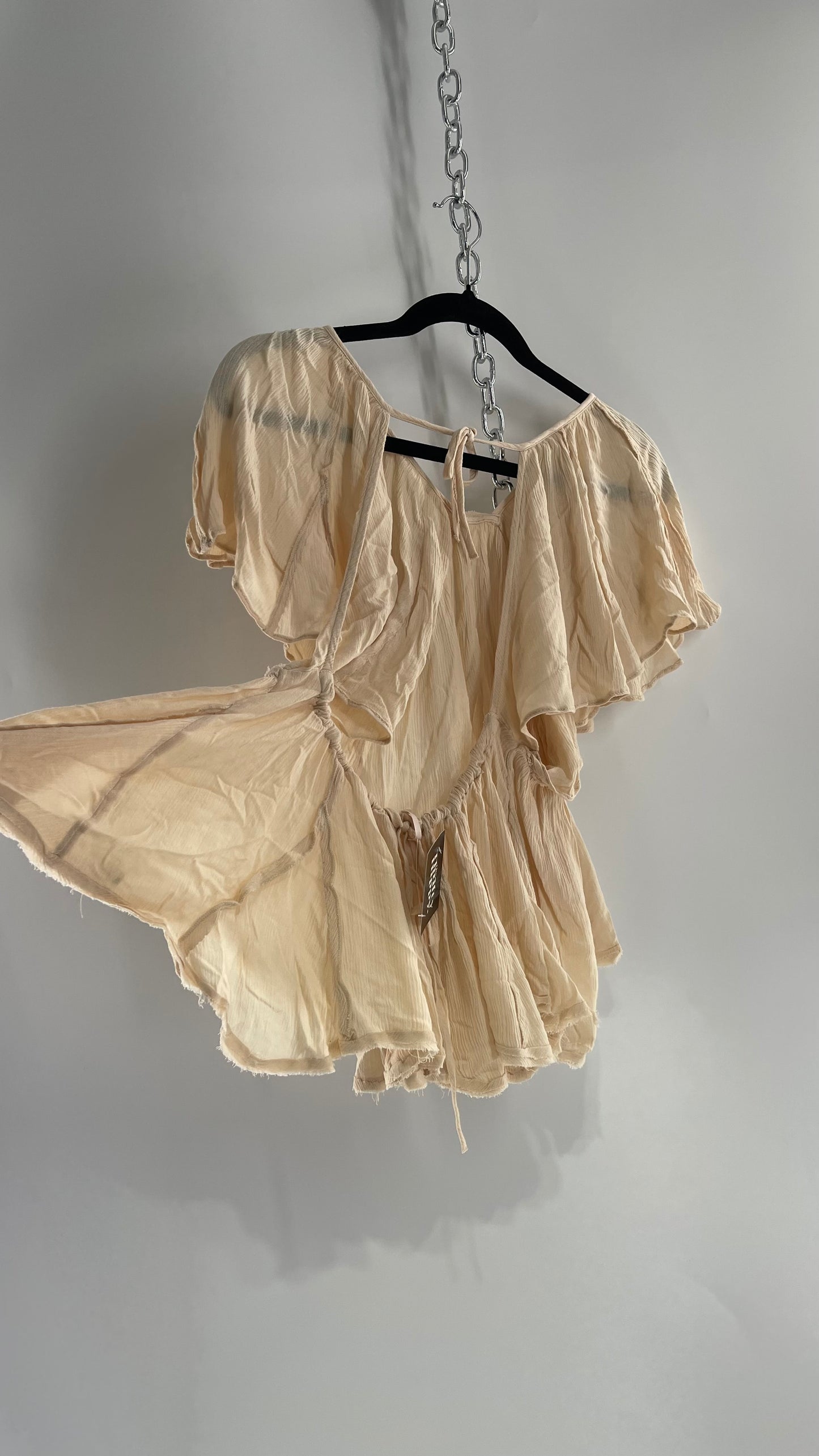 Free People Beige Open Back Drape Sleeve Blouse (XS)