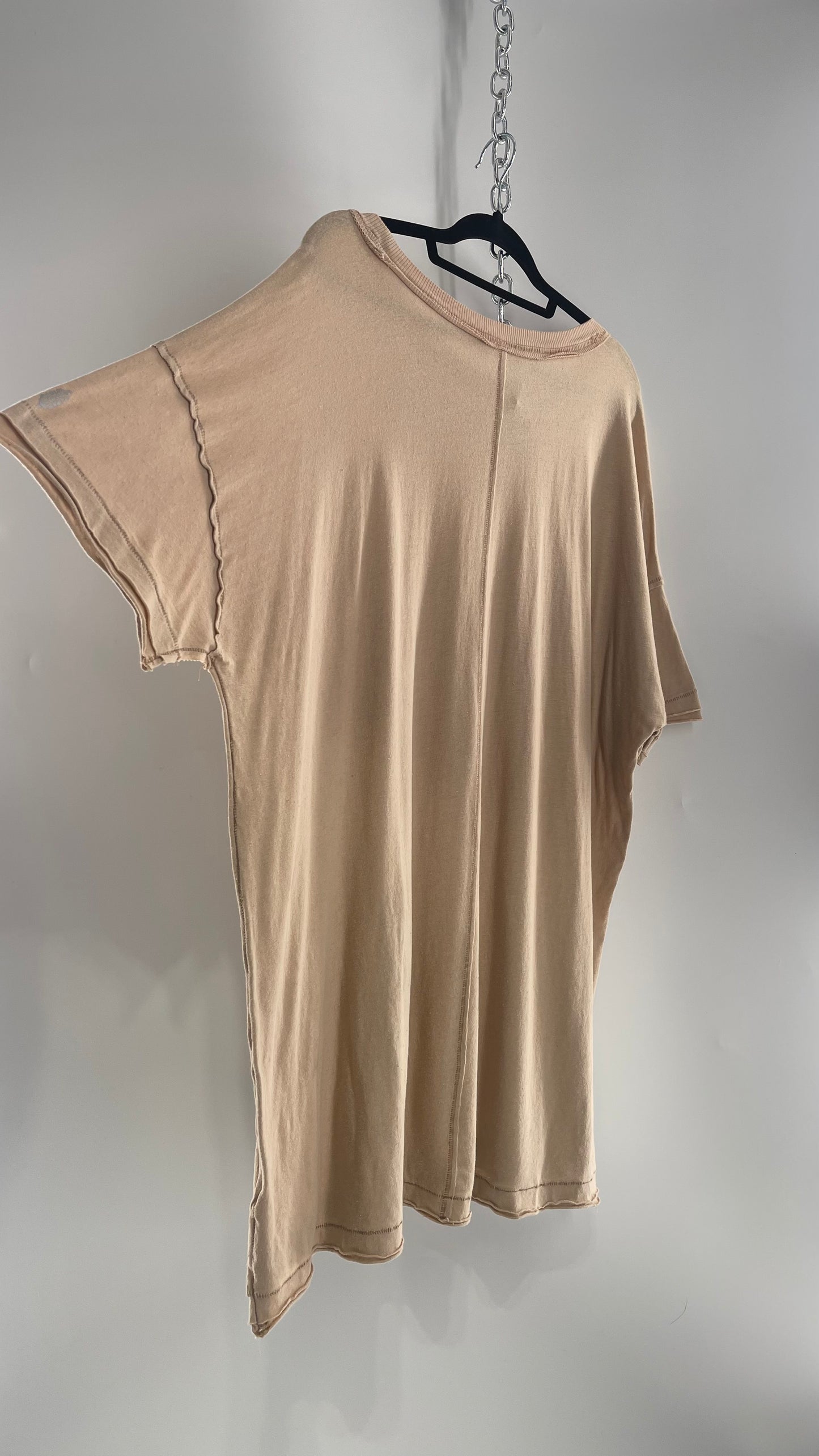 Free People Movement Oversized Light Beige Short  Sleeve T-Shirt with Slit Embroidered Detail (Size XS)