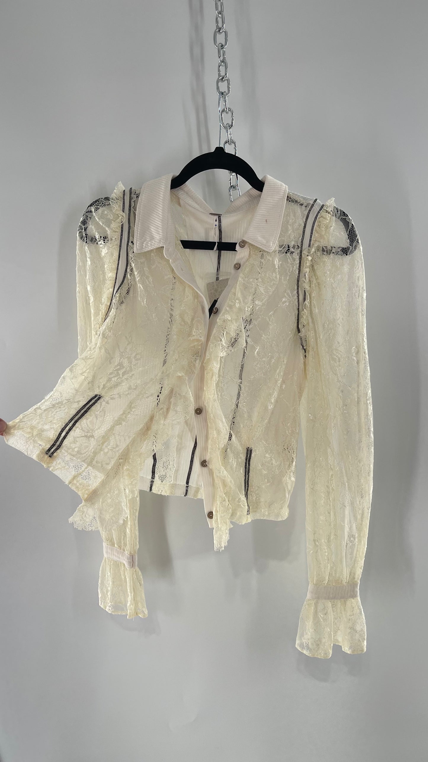 Free People White Lace/Ribbed BodyCon Button Up with Tags Attached (Large)