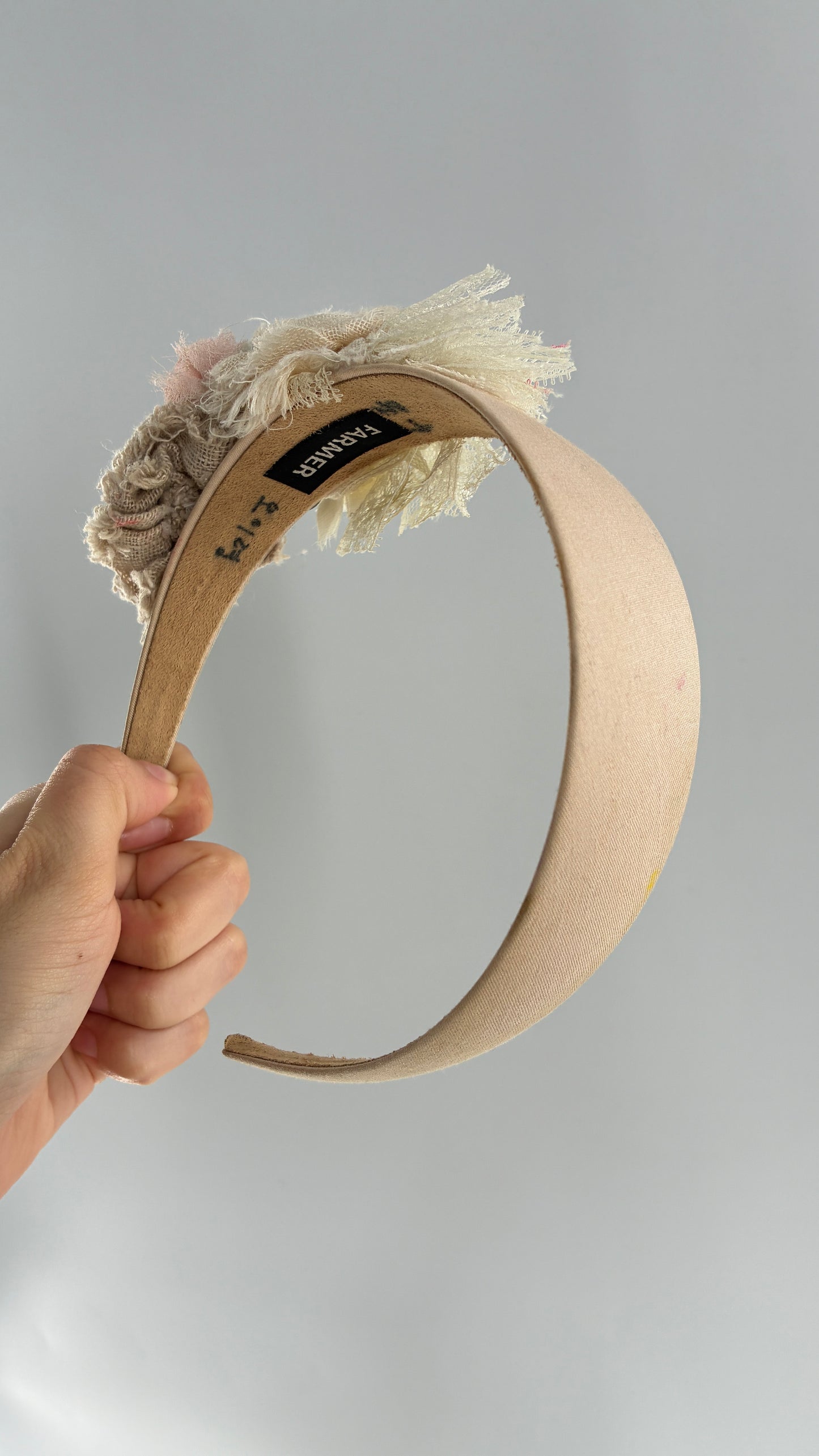 Vintage FARMER Handmade Headband with Ribbon, Flower, Button Appliqués