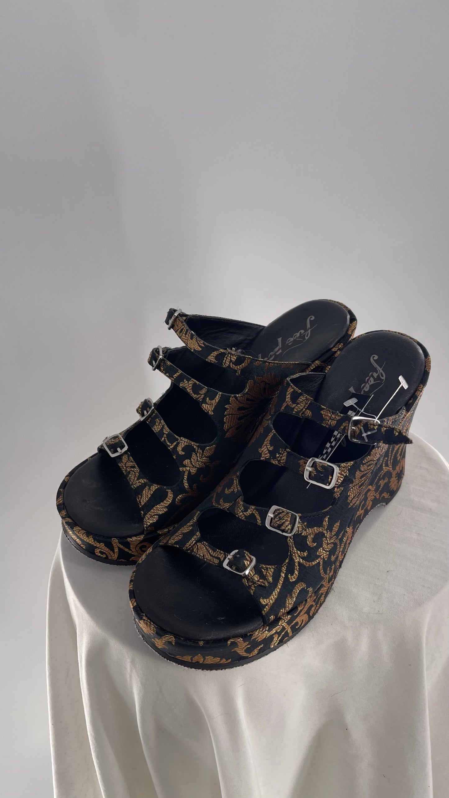 Free People Black Hoffman Buckle Front Wedge Heels with Satin Gold Paisley/Brocade Pattern (37)