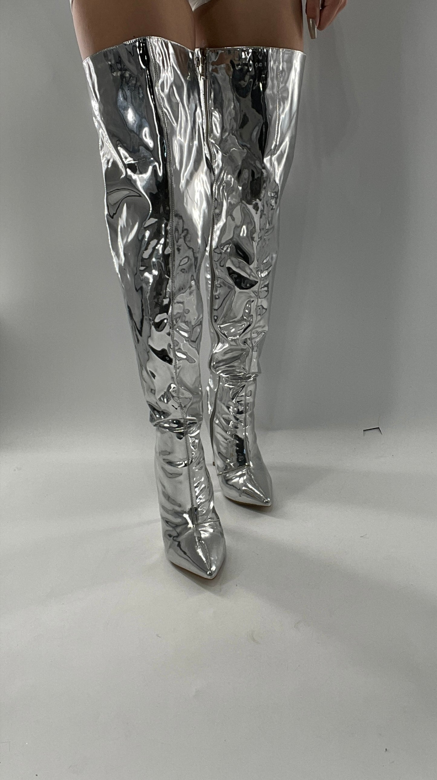 Vintage Chrome Platinum Mirrored Thigh High Molten Metal Sky High Boots Space Cadet/Concert (7)