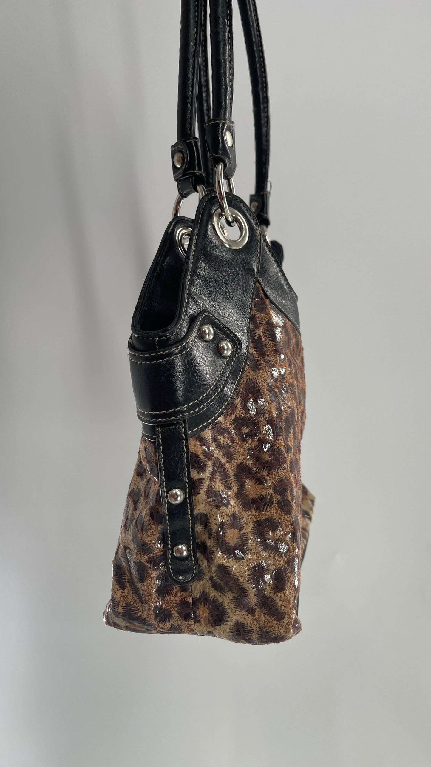 Vintage Rosetti Sequin Cheetah Bag with Leather Trim and Straps