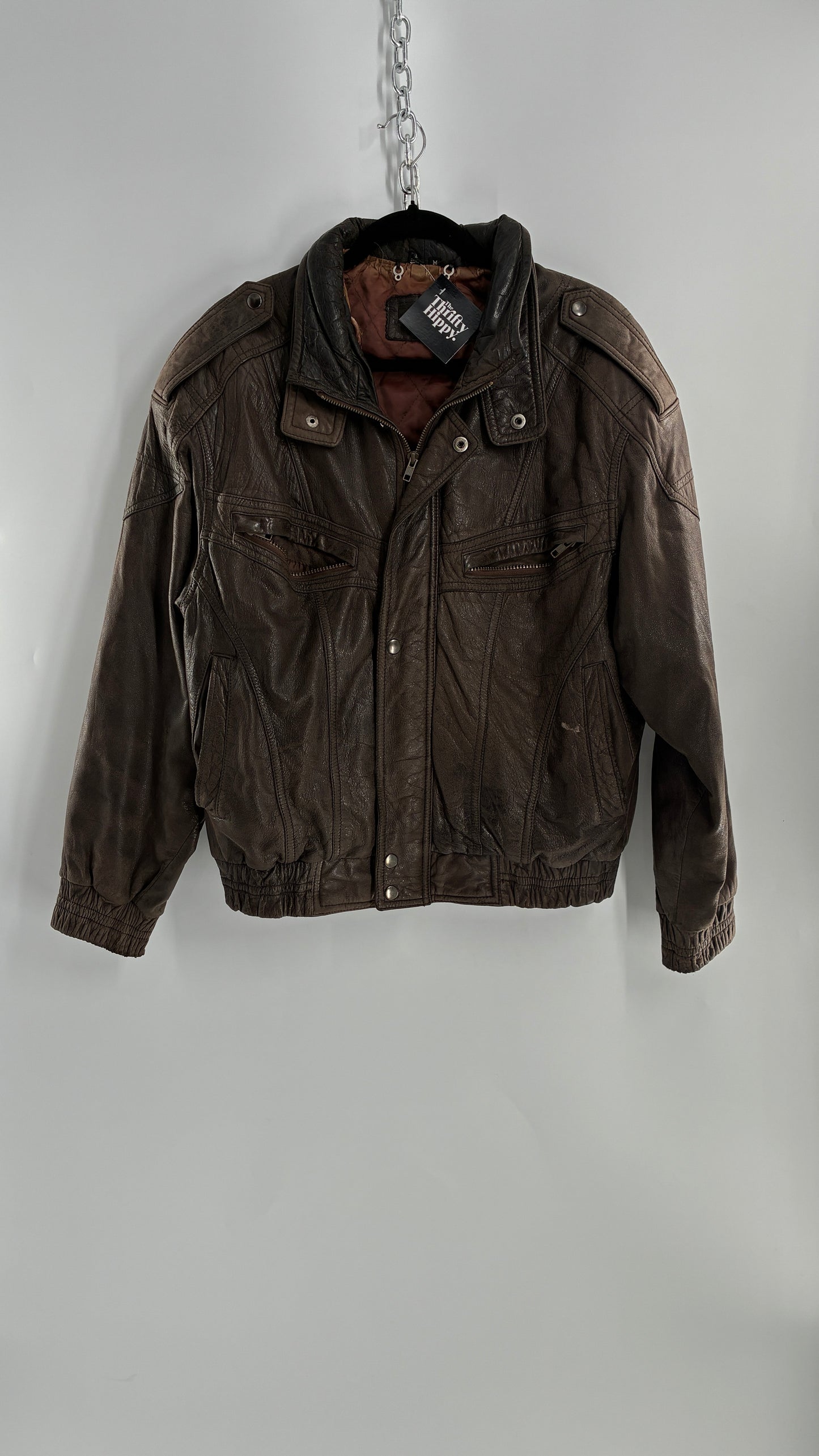 Vintage SAXONY Distressed Leather Bomber Jacket (Medium)