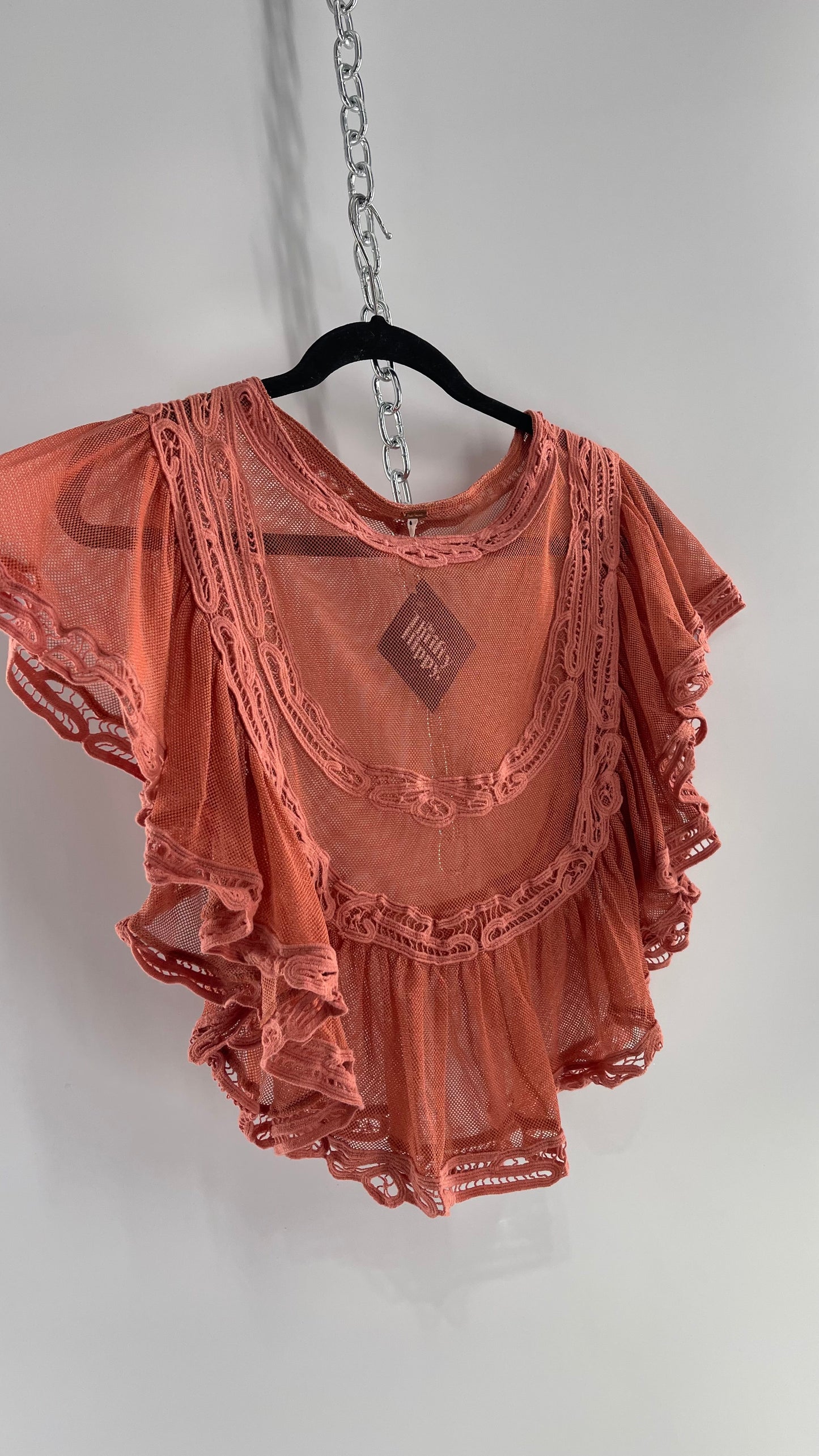 Free People I’m Pretty Okay Blush Pink Mesh Blouse with Ruffled Lace (Small)