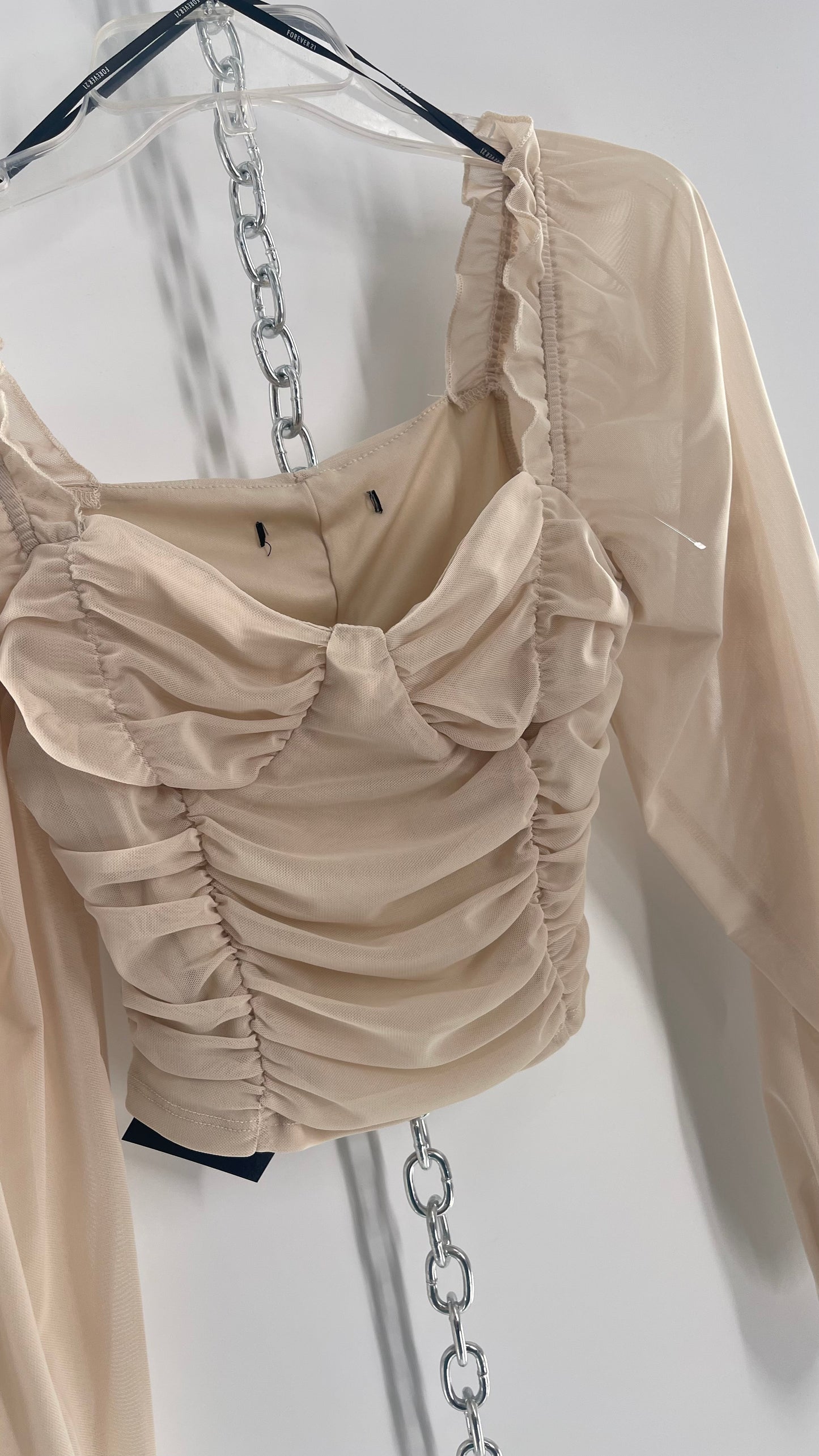 Beige Ruched Corseted Balloon Sleeve Blouse (Small)