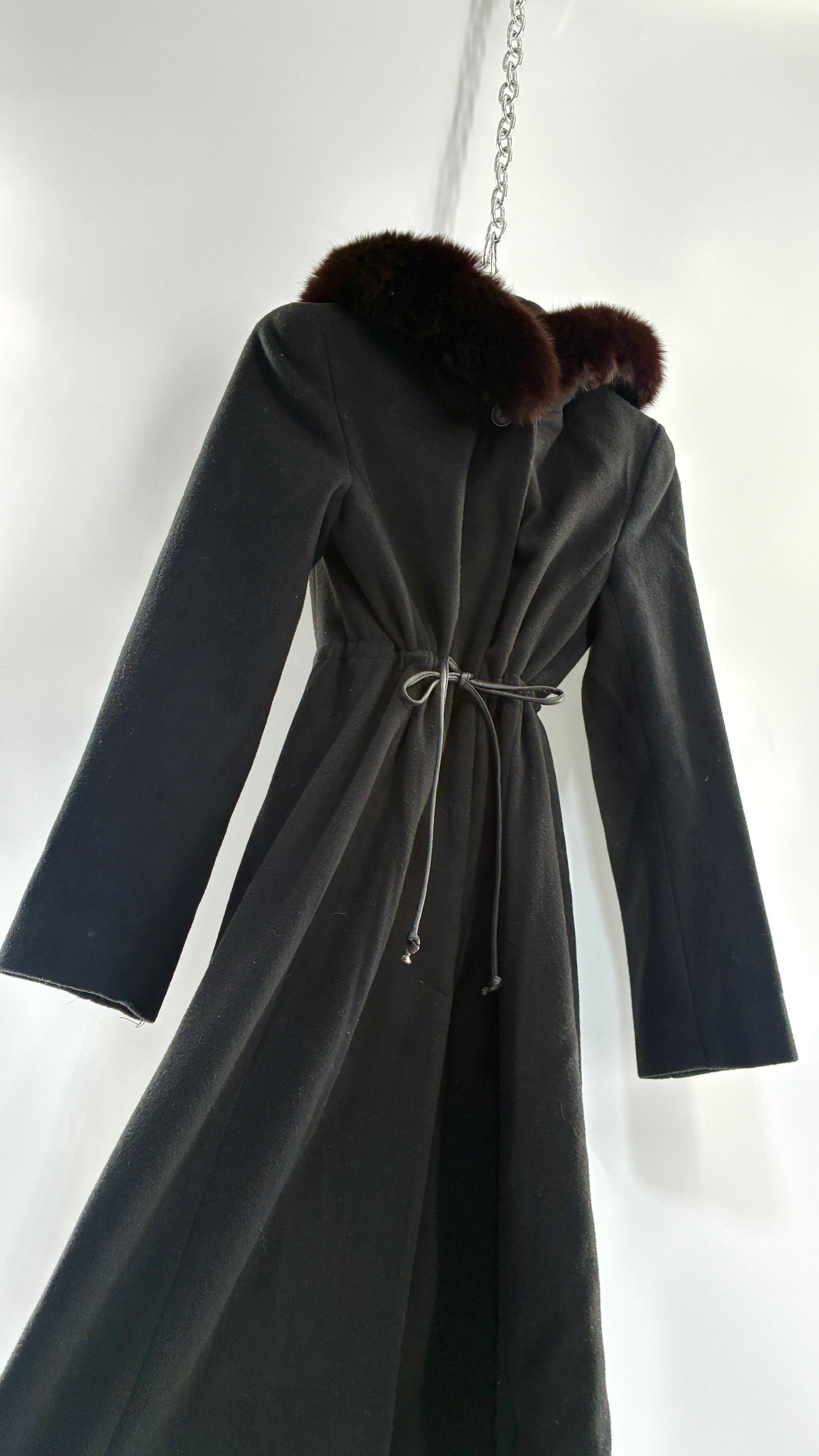 Vintage STEVE by SEARLE Cashmere Blend Coat with Underbust Tie and Fur Hood
