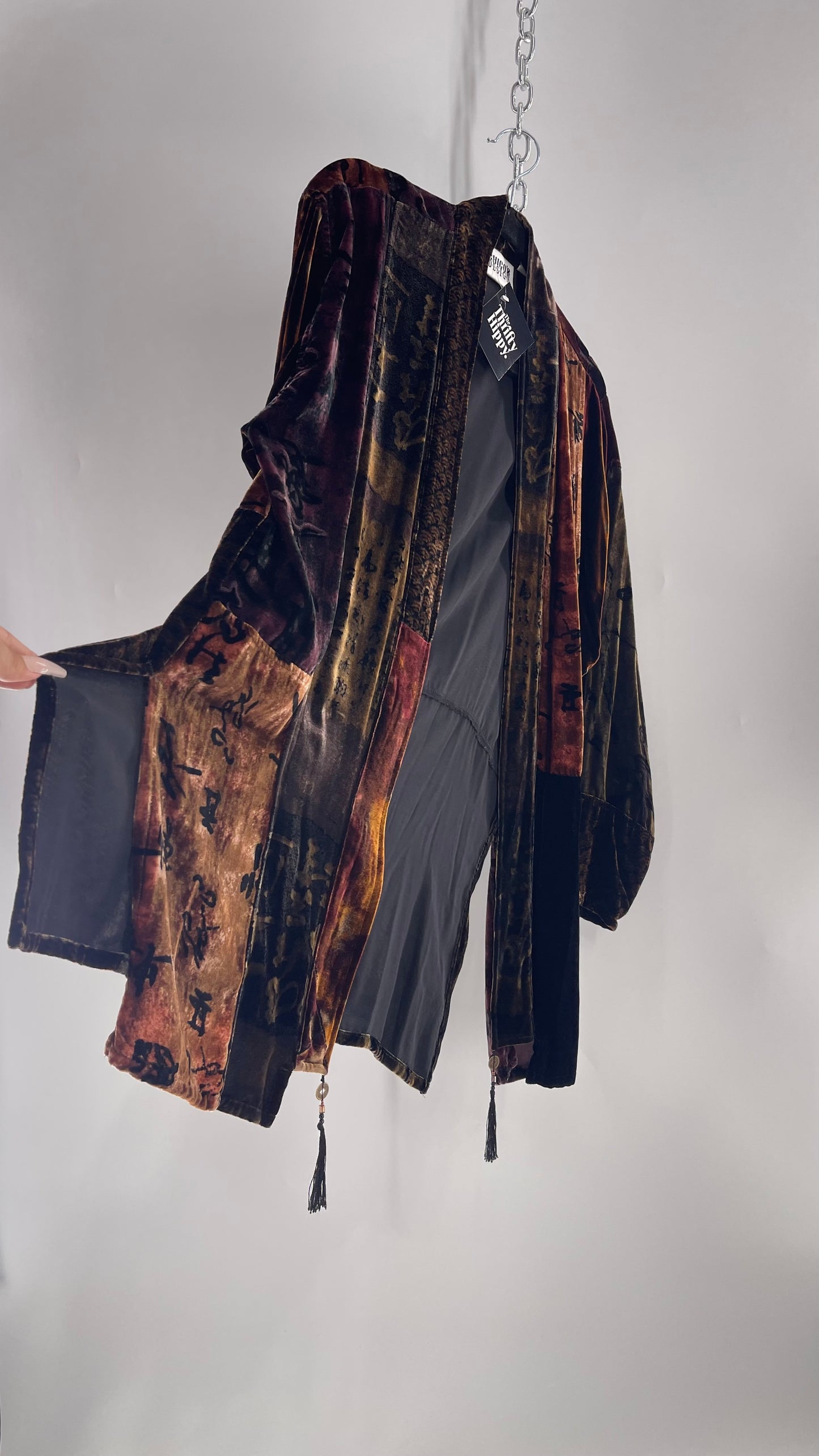 Vintage CHICOS Patchwork Burn Out Velvet Cardigan with Tassel Details