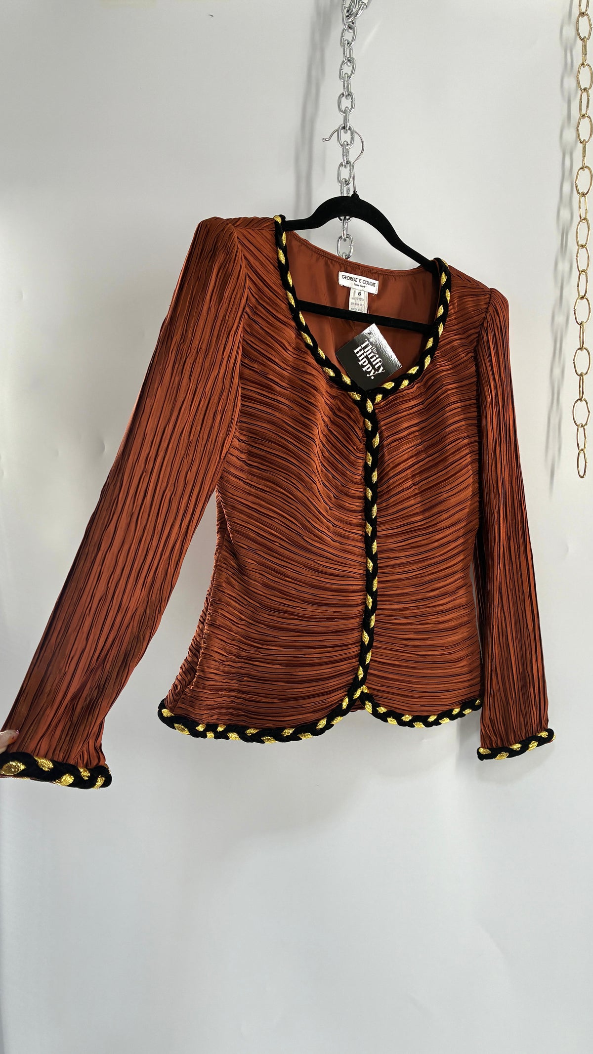 Vintage GEORGE F COUTURE Plissé 2 Piece Burnt Orange Structured Blazer Set with Velour, Gold Rope Detail (6)