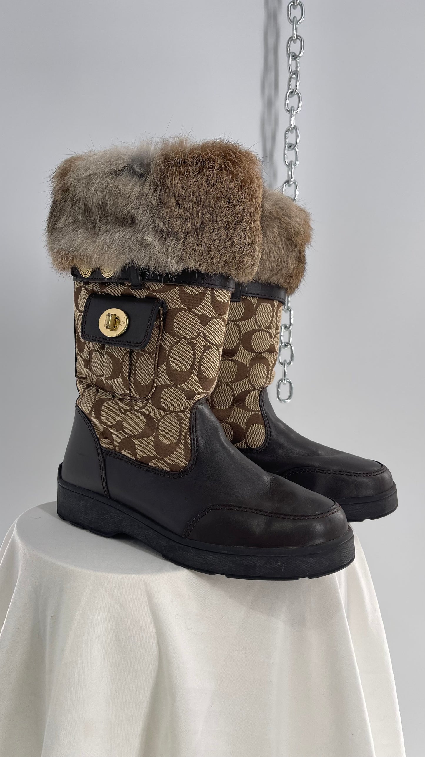 Coach Vintage Kimberly Brown Leather Quilted Monogram Rabbit Fur Trim Boot with Ankle Pouches  (8.5)