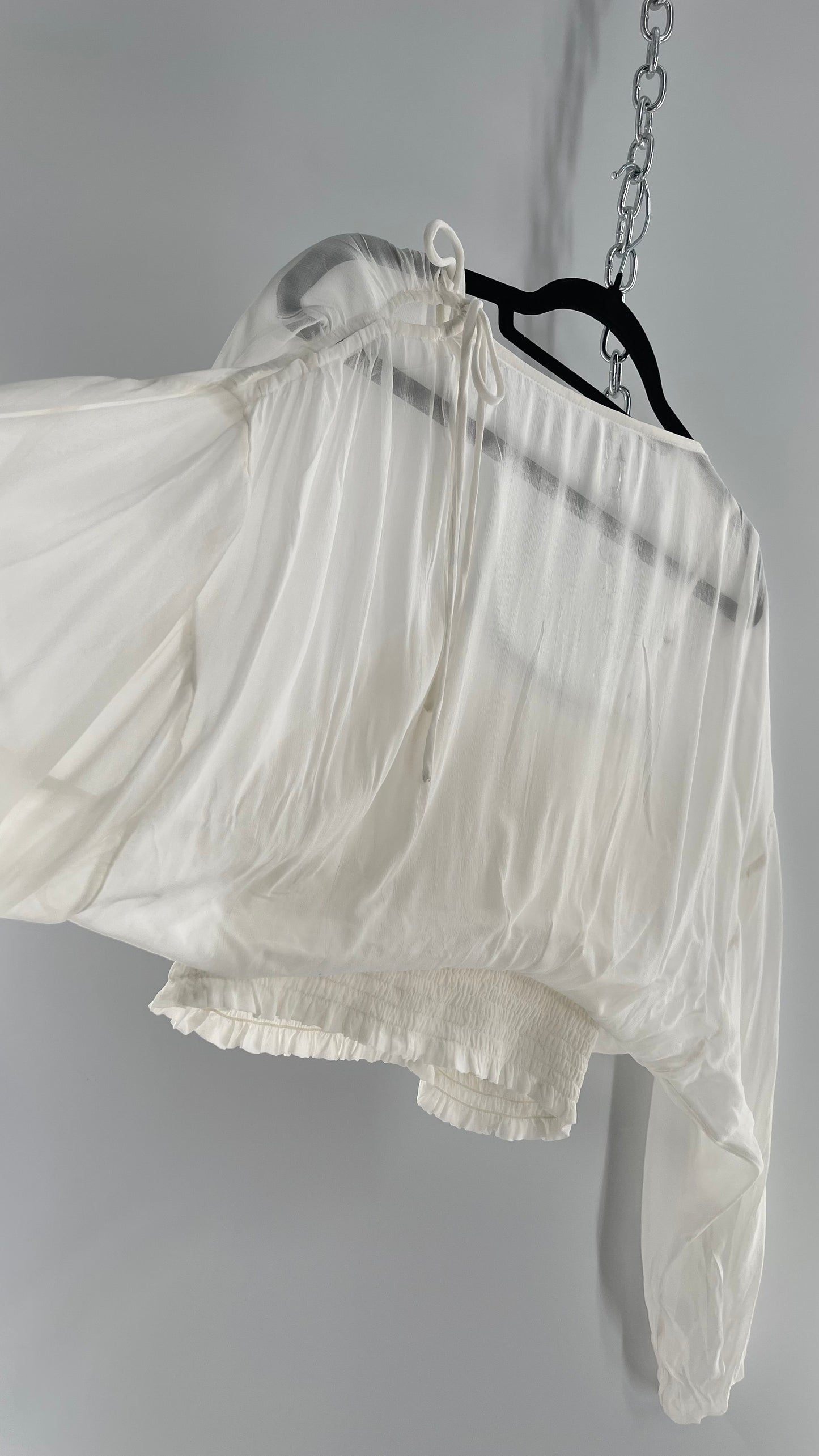 Anthropologie Sheer Balloon Sleeve Blouse with Smocked Waistline and Cropped Inner Tank with Rubber on Bust and Tags Attached (Medium)