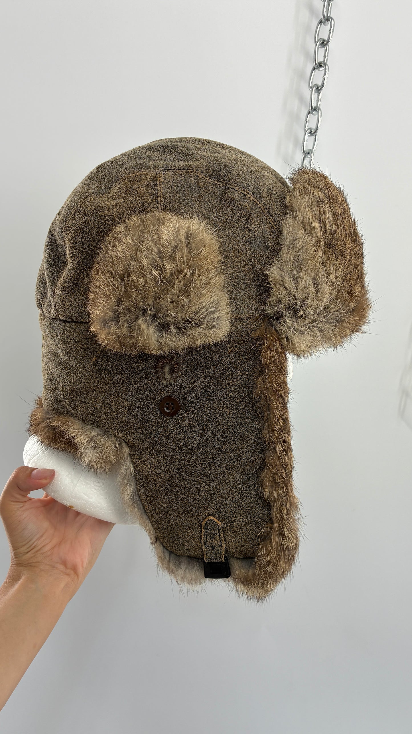 Vintage YUKON CHARLIE Genuine Leather Aviator Trapper Hat with Rabbit Fur Lining