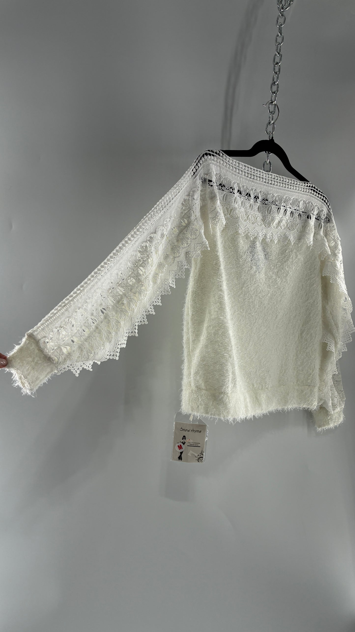 Deadstock White Shaggy Sweater with Thick Scalloped Lace Neckline + Arm Detail and Tags Attached (Medium)
