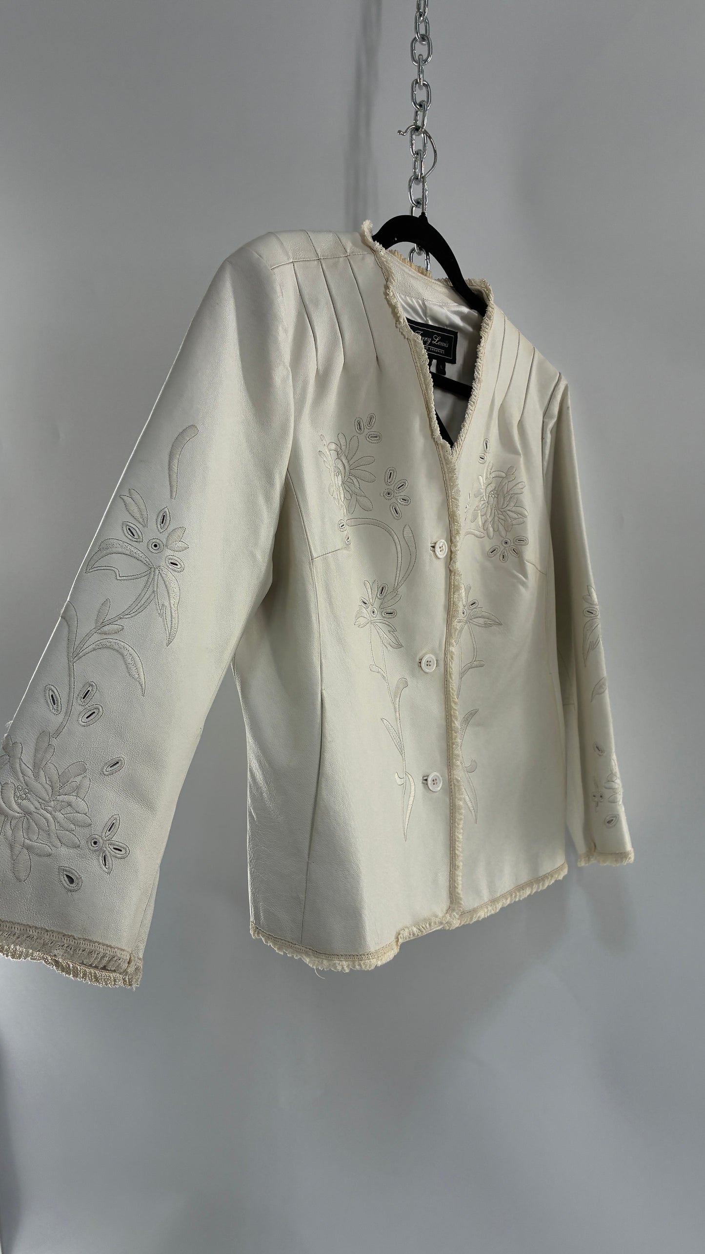 Vintage TERRY LEWIS White Leather Pleated Back, Embroidered Jacket with Lace Trim (Large)