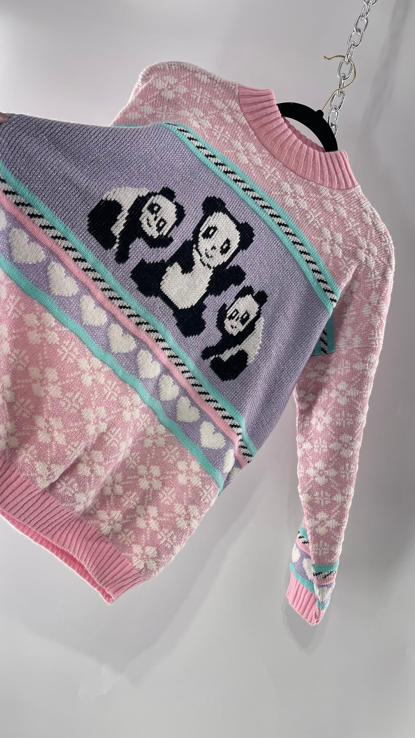 RARE 80s Vintage Adele Pastel Pink, Purple, Mint Silver Tinsel Sweater with Anime/Manga Art Style Pandas (Medium)