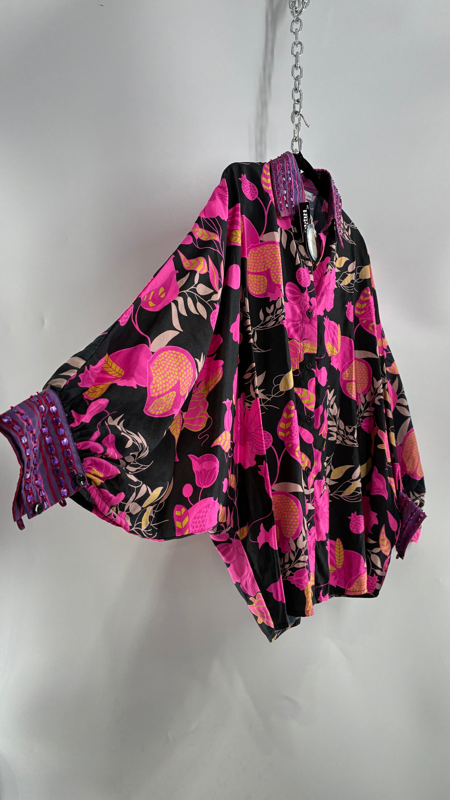 JUST BELLINA Black Oversized Blouse with Exaggerated Sleeves, Embroidered Collar and Tags Attached (XS)