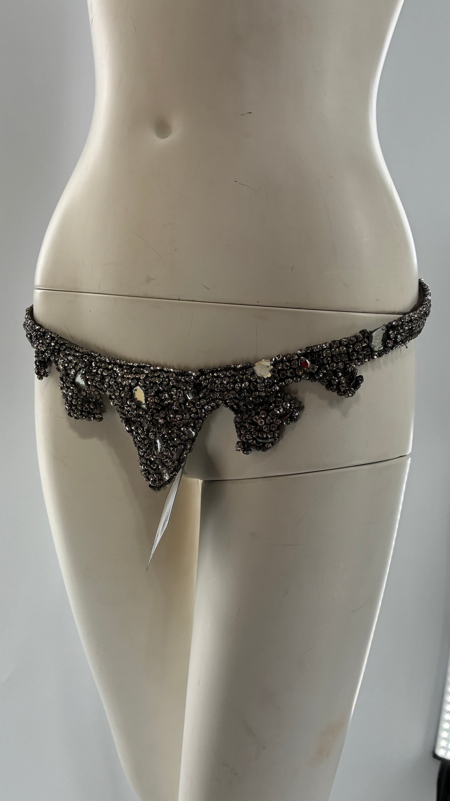 Vintage Brown Suede Leather Scalloped Belt Covered in Rhinestones and Heavy Ornate Beading