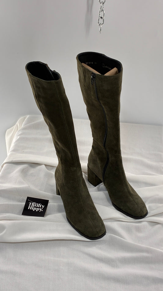 Vintage ERIC MICHAEL Olive Green Suede Boots Square Toe Knee High Boots (36)