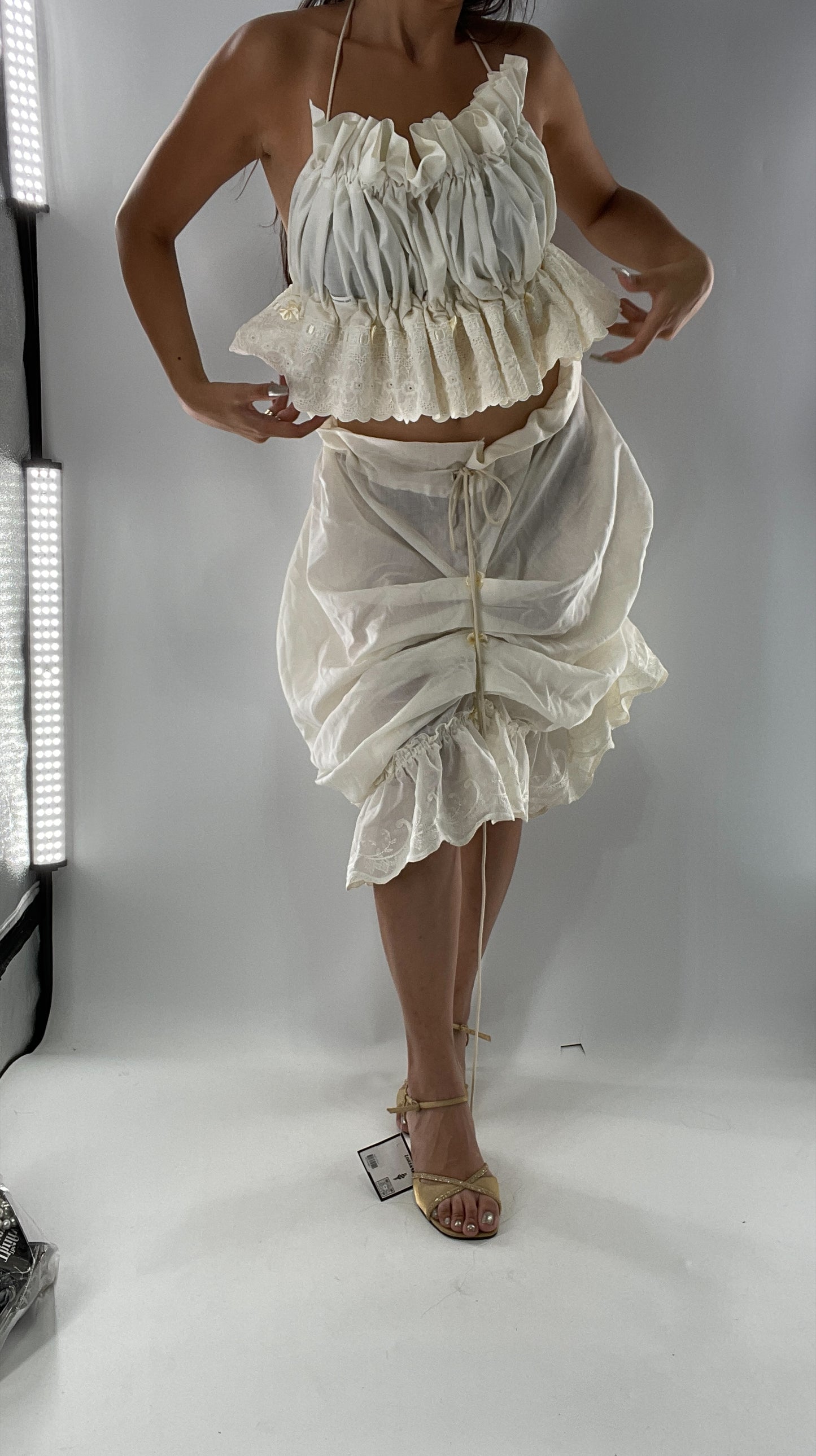 Custom Vintage Cottage Off White Set with Ruched/Scalloped Lace/Backless Top and Draping/Ribbon Skirt (One Size)