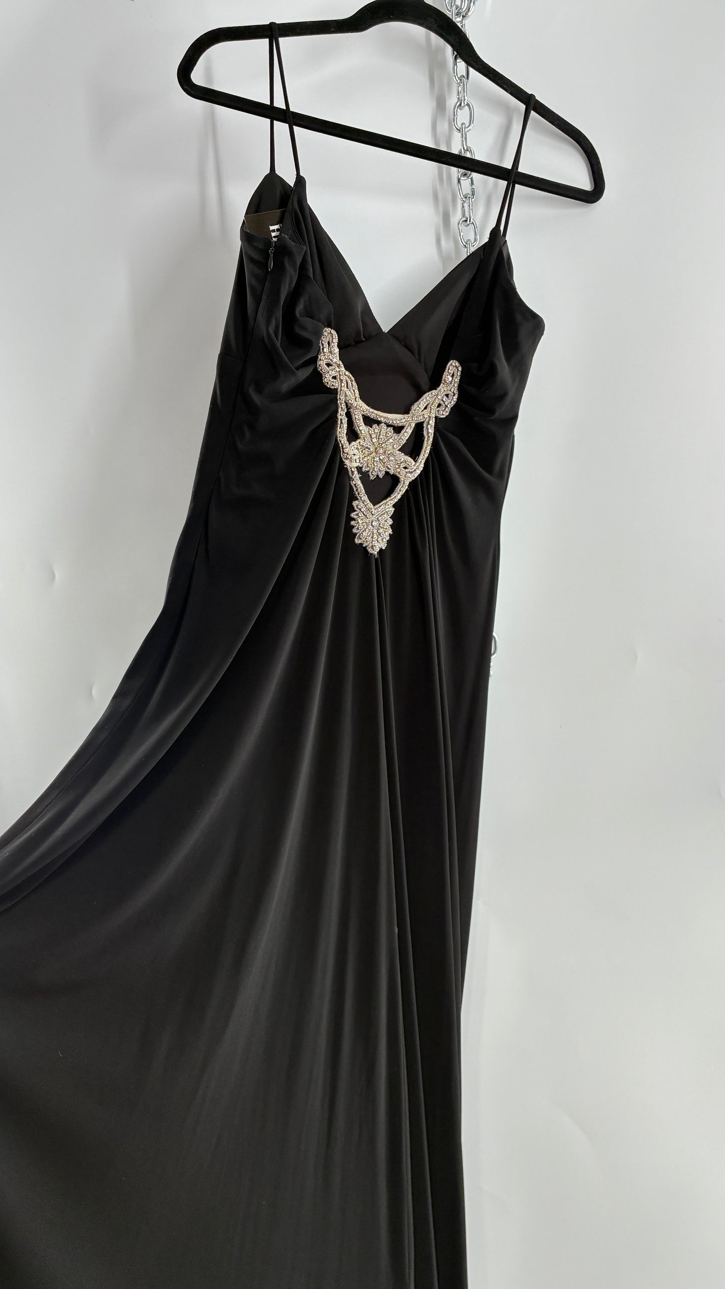 Vintage JS COLLECTION Black Full Length Gown with Jeweled Appliqué and Pleated Back (12)