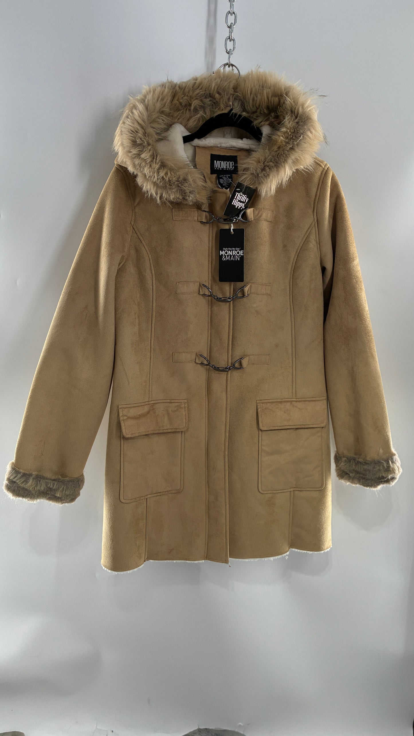 Deadstock Vintage MONROE AND MAIN Vegan Suede Coat with Fur Cuffs and Hood, Tags Attached (Medium)