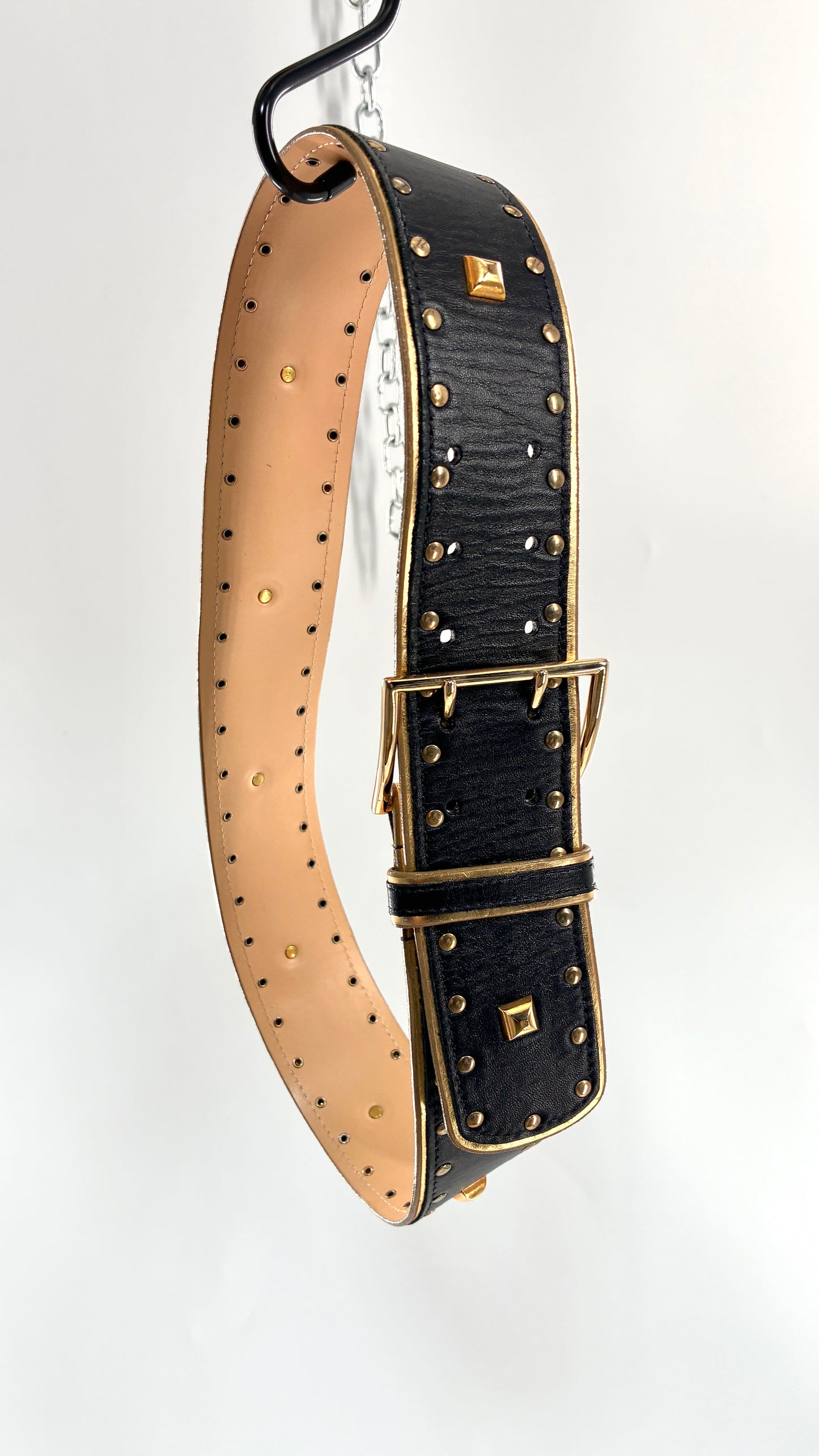 Vintage Wide Black Genuine Leather Belt with Studded Detailing and Oversized Buckle