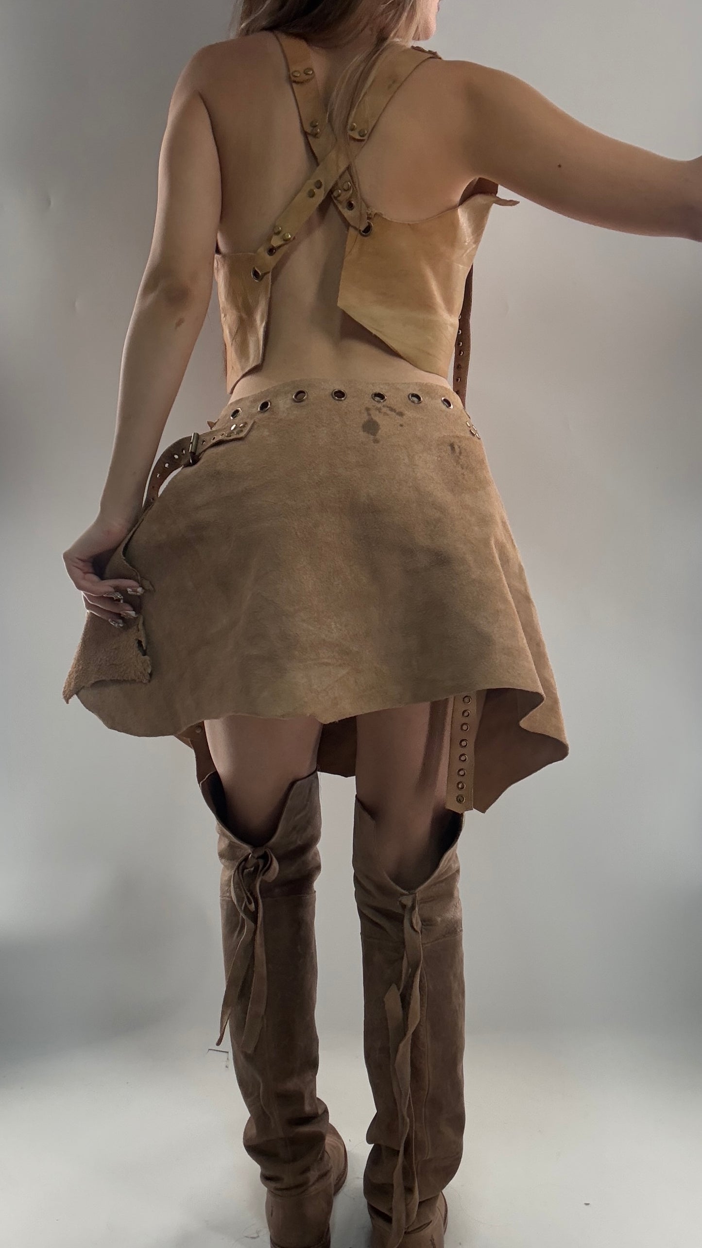 CUSTOM Handmade Rugged and Reversible Distressed Leather Two Piece Set with Grommet Waistband (XS-XL)