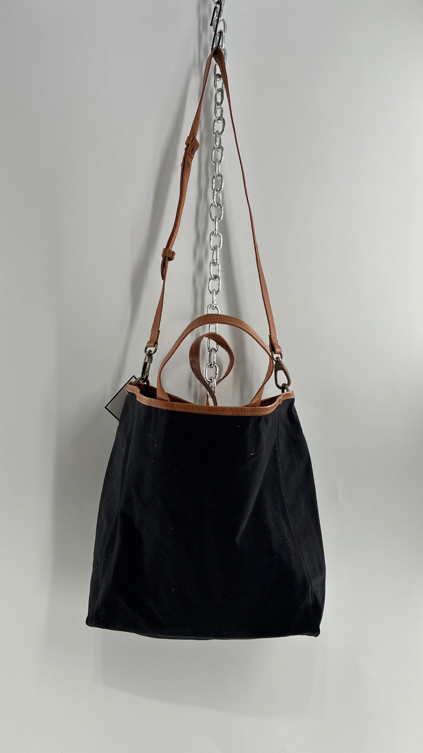 Urban Outfitters Large Black Cotton Tote Bag with Inner Pockets, Genuine Leather Lining and Straps
